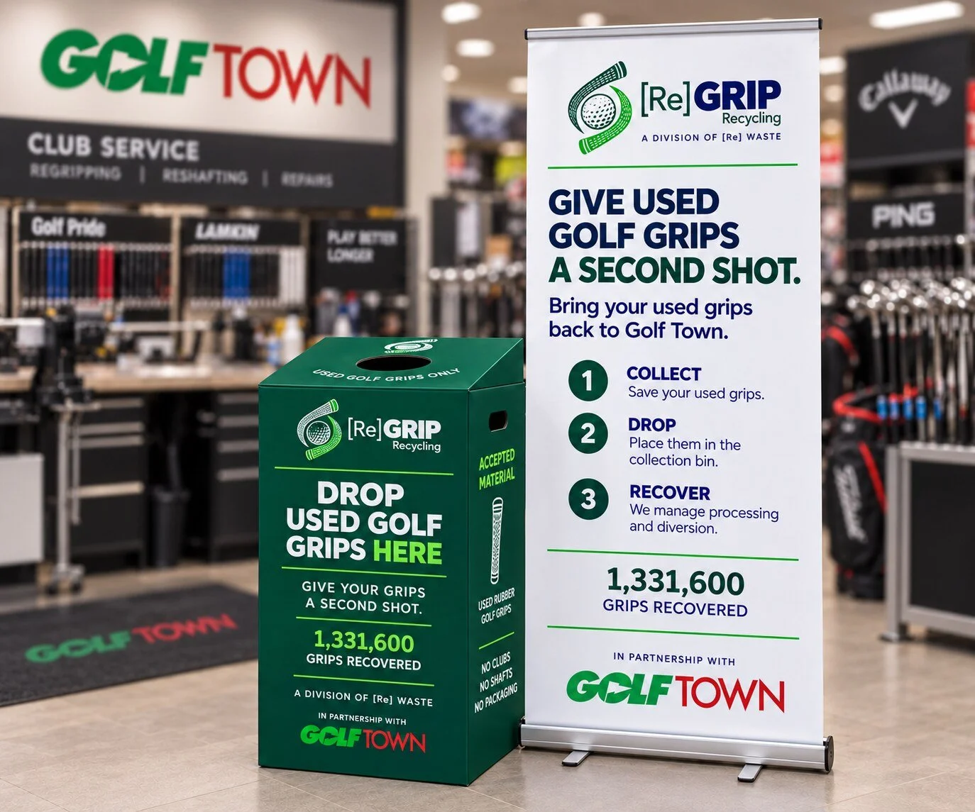 [Re] Grip Recycling collection bin and retractable banner at a Golf Town regripping station