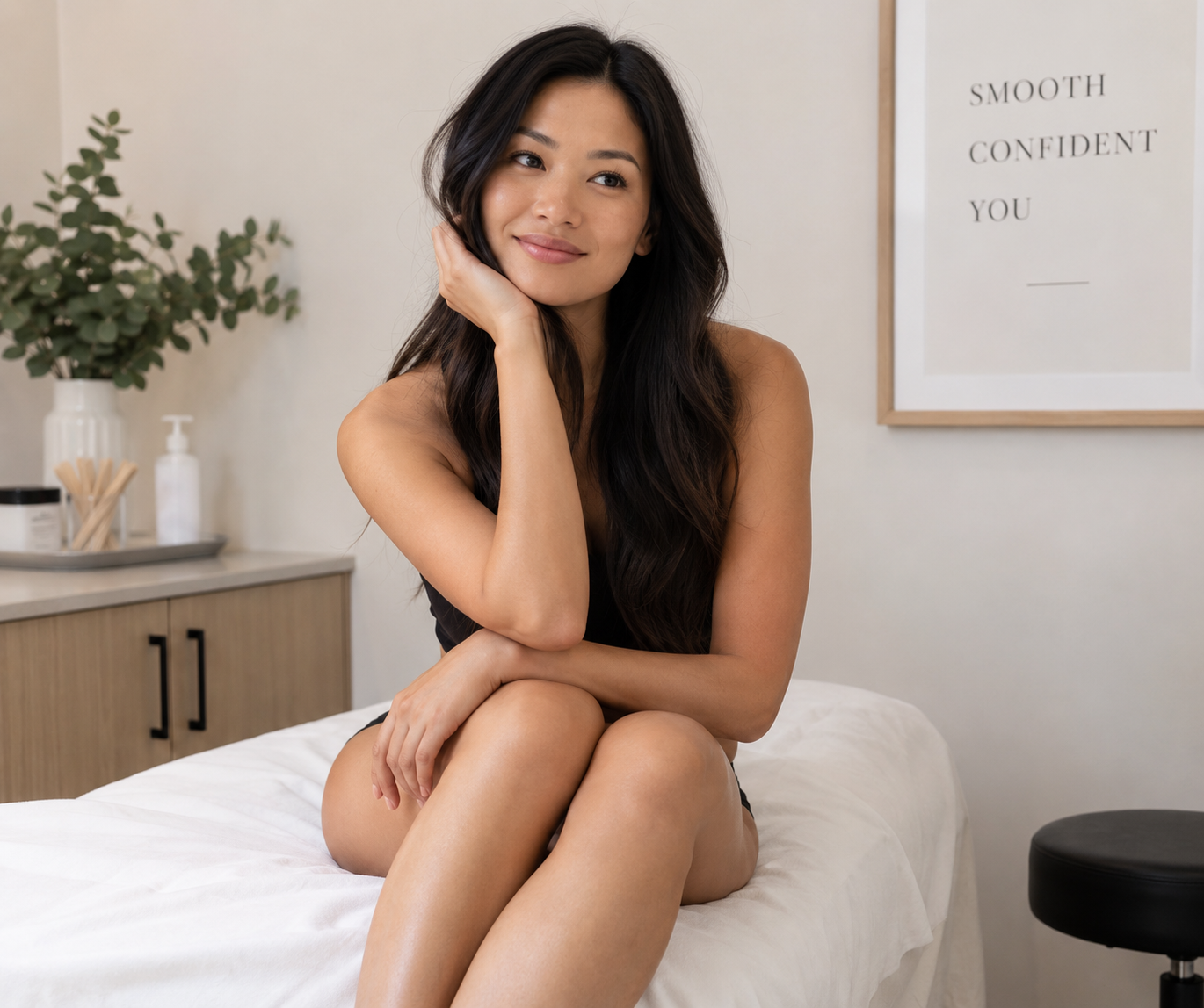 Woman relaxing before a Bikini wax service at Revel Wax in Santa Clara, CA.