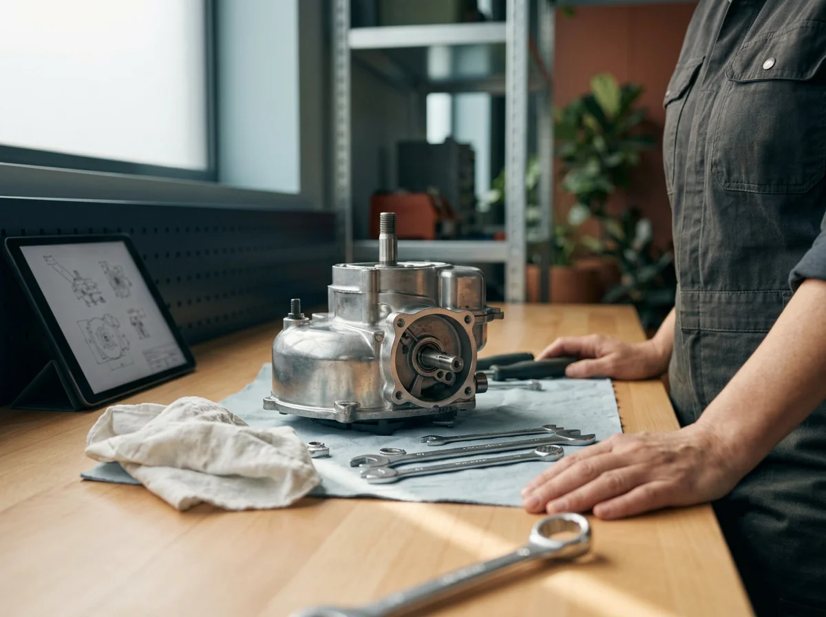 A person working on a mechanical component at a workbench with tools, a computer, and a schematic diagram displayed on a monitor.