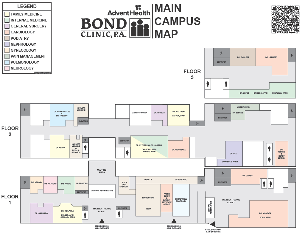 Campus map of Bond Clinic, P.A., highlighting various medical departments and offices on three floors, including family medicine, internal medicine, general surgery, cardiology, podiatry, nephrology, gynecology, pain management, pulmonology, neurobiology, with elevators and restrooms indicated.