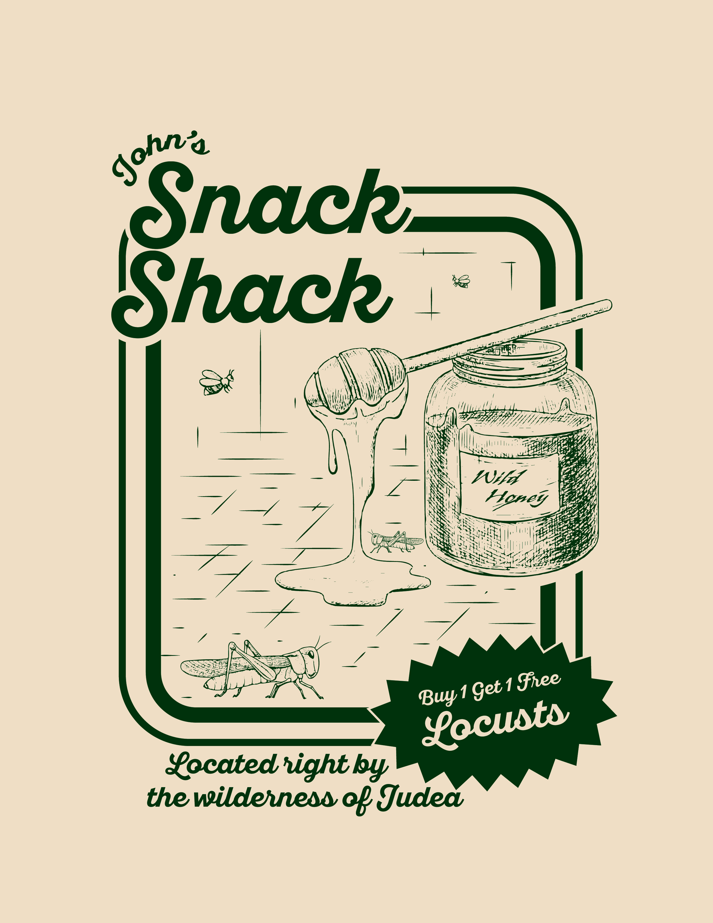 A vintage-style advertisement for wild honey and locusts, featuring a jar of honey, locust insects, and insects flying around, with text indicating a special promotion and location details.