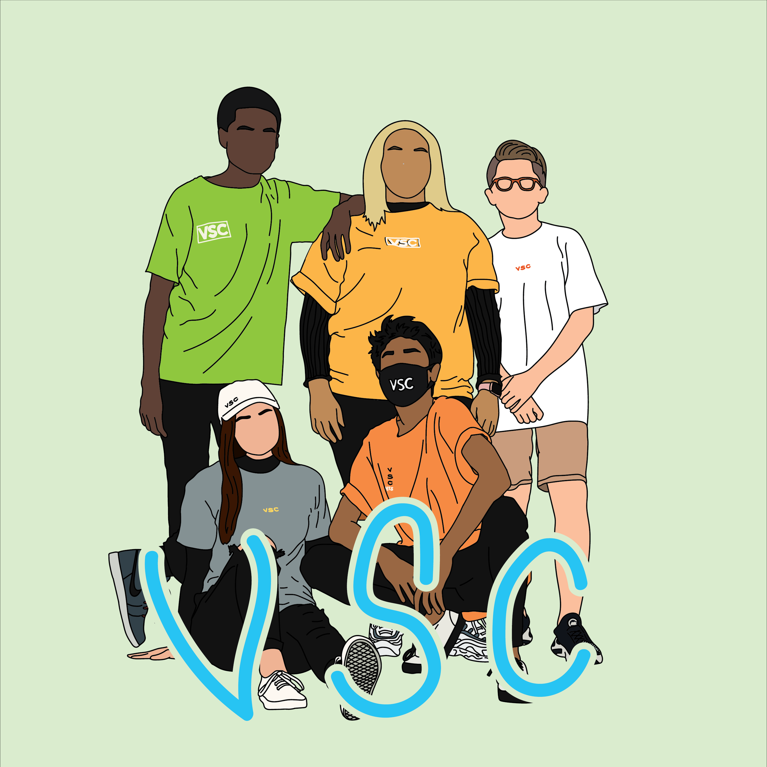 A group of young people with various skin tones and hair types posing together against a light green background. They are wearing casual clothing, some with 'VSC' logos, and are standing or sitting close to each other, smiling and making eye contact.