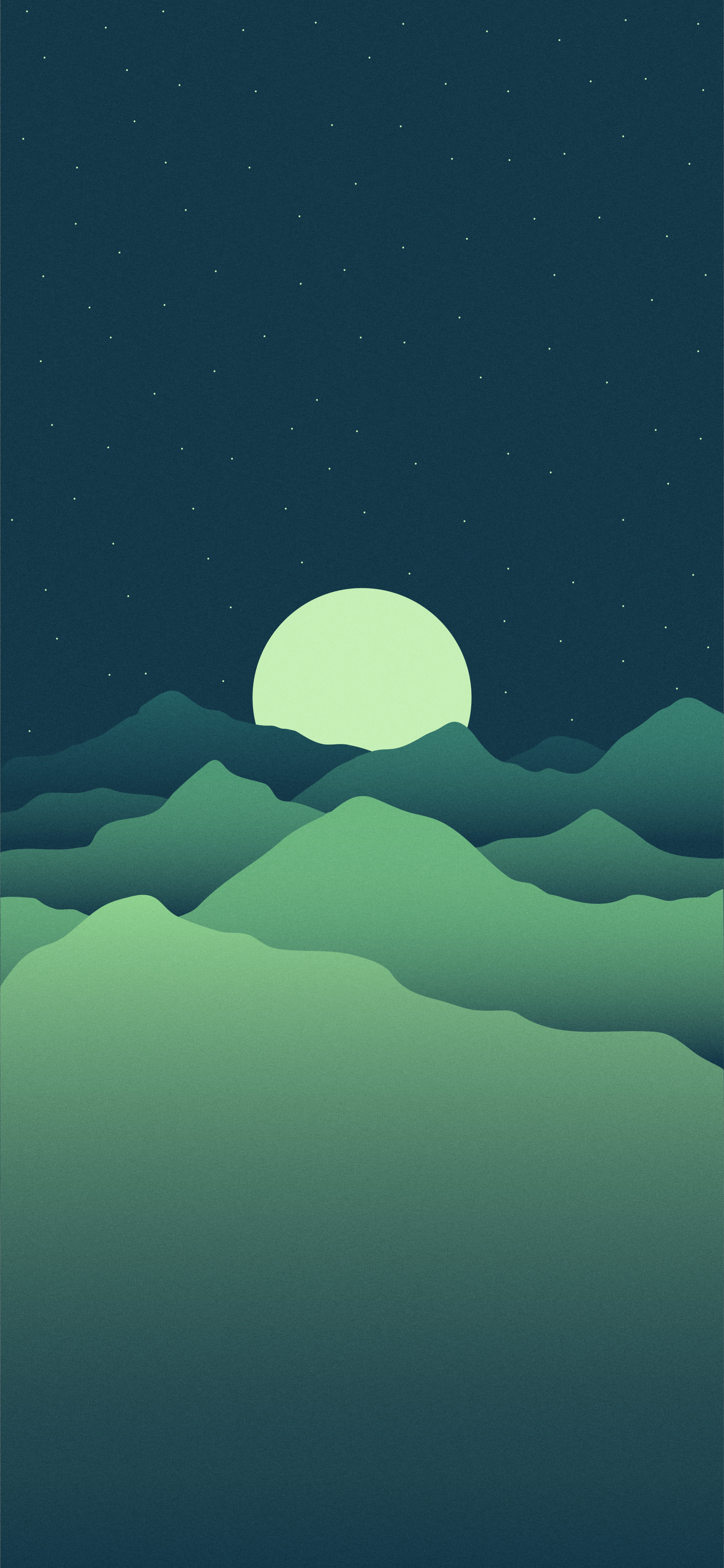 Minimalist digital illustration of a full moon rising over mountain ranges under a starry night sky.