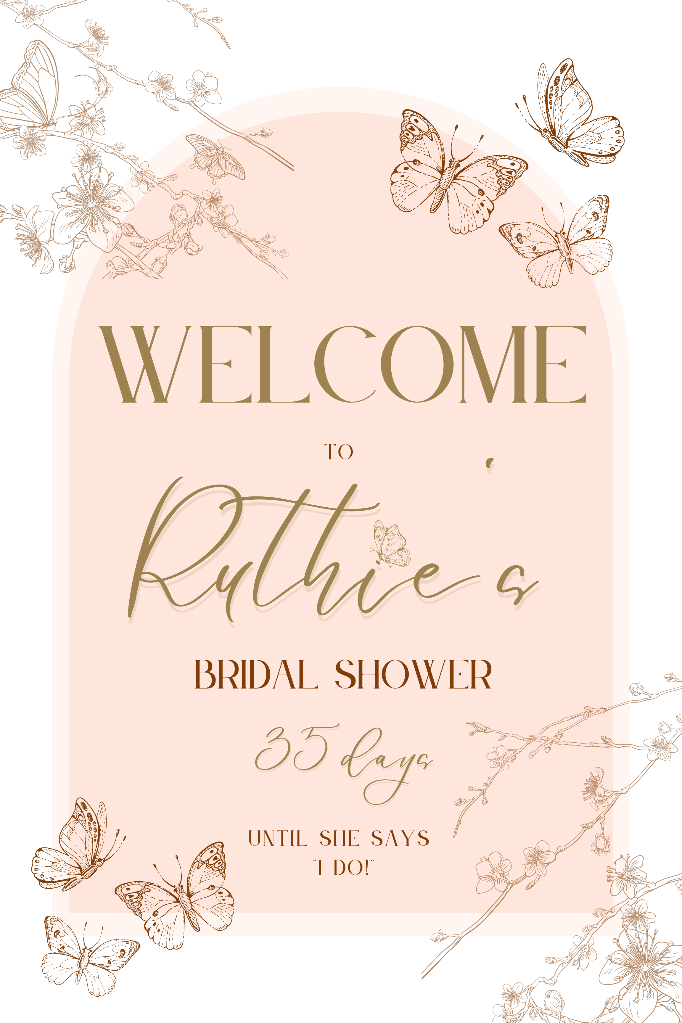 Invitation card for a bridal shower with floral and butterfly illustrations, text welcoming to Ruthie's bridal shower, 35 days until she says 'I do!'