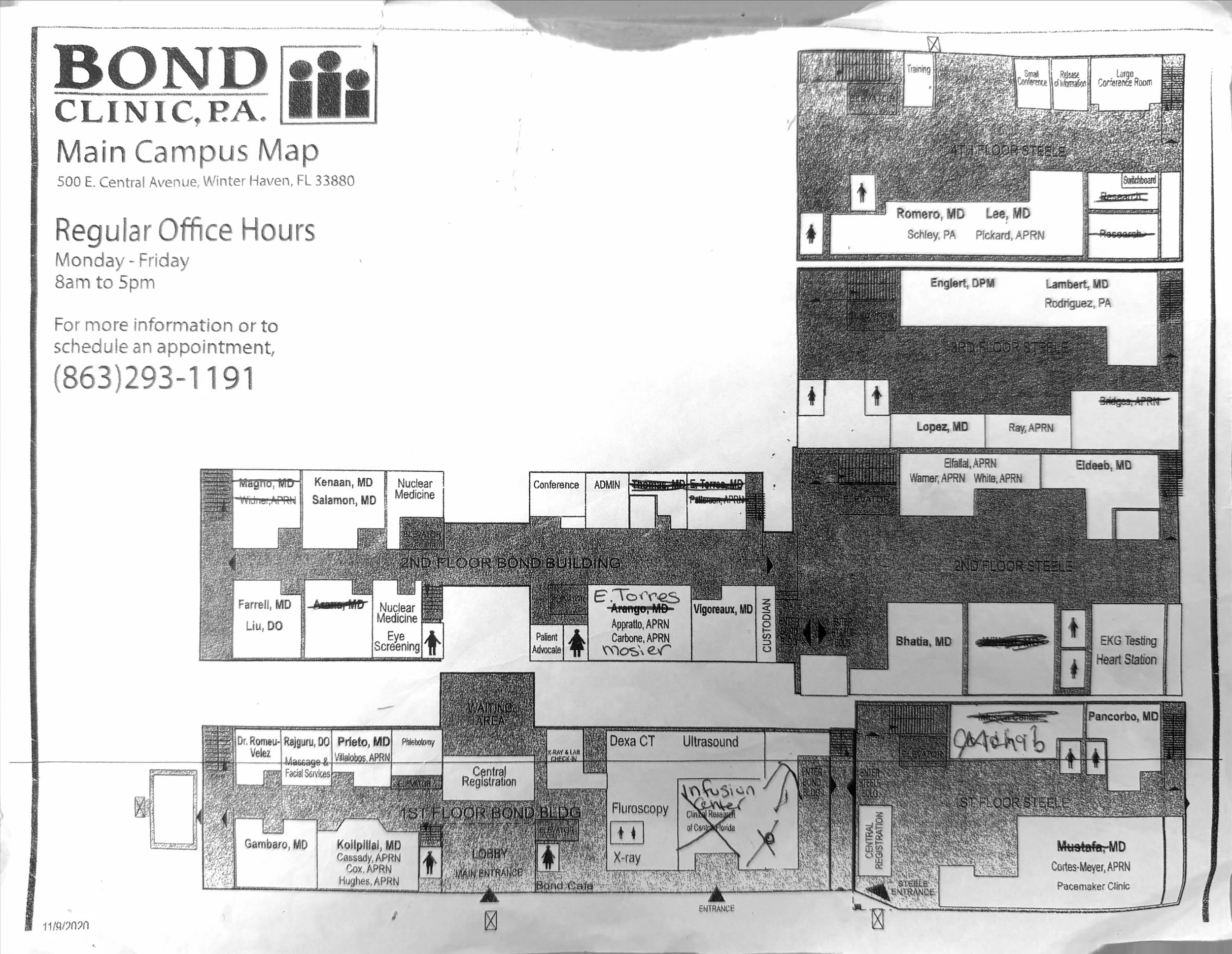 Black and white campus map for Bond Clinic, P.A., located at 500 E. Central Avenue, Winter Haven, FL 33880. It includes office hours, contact info, and a layout of the building with various departments such as physicians, medical offices, and conference rooms. There are symbols indicating entrances, elevators, restrooms, and specific medical offices.