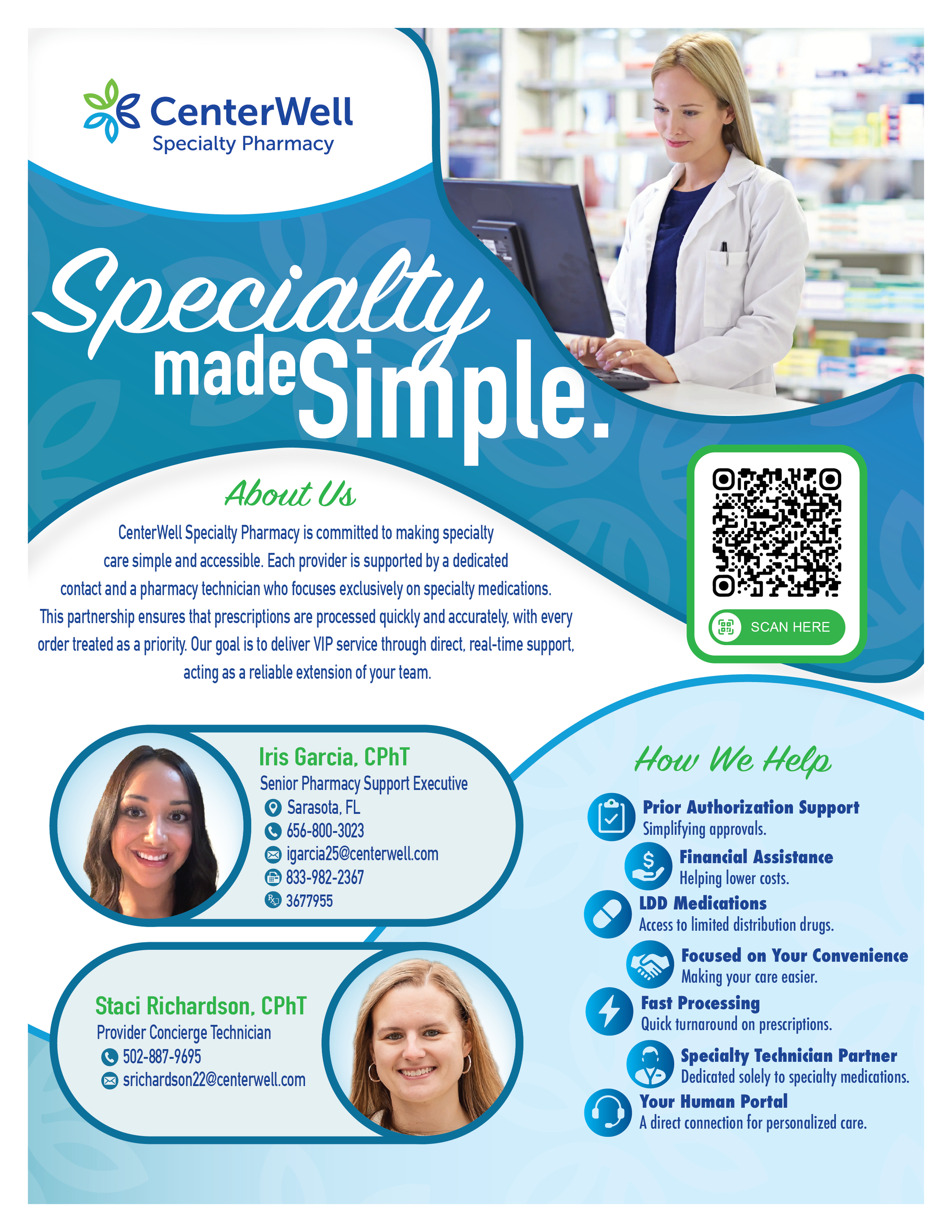 Brochure for CenterWell Specialty Pharmacy featuring photographs of healthcare professionals, including Iris Garcia, CPhT, and Staci Richardson, CPhT, with contact details and icons describing services like prior authorization, financial assistance, and medication access.
