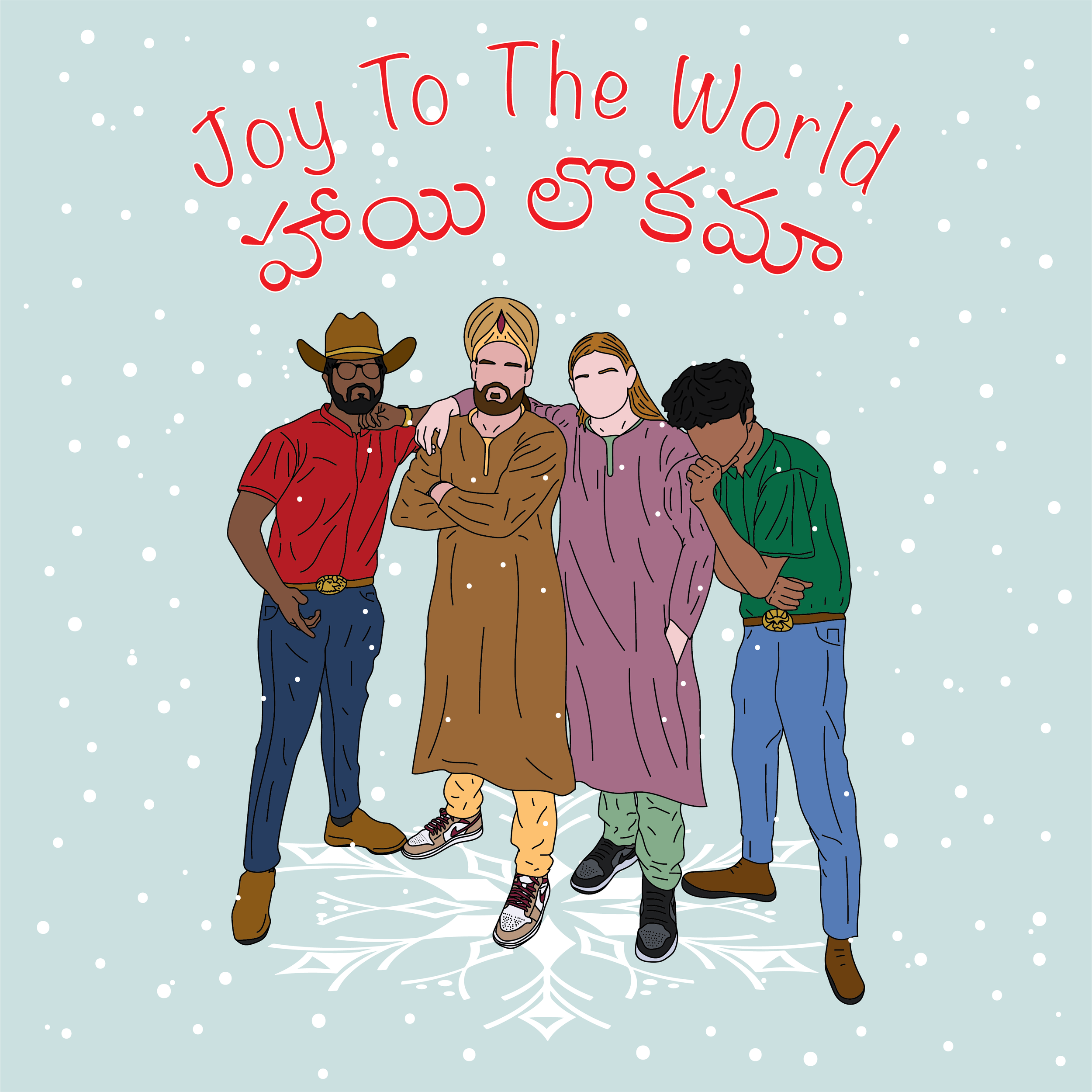 Illustration of five people standing together on a snowy background with the text 'Joy To The World & Love & Peace' above them.