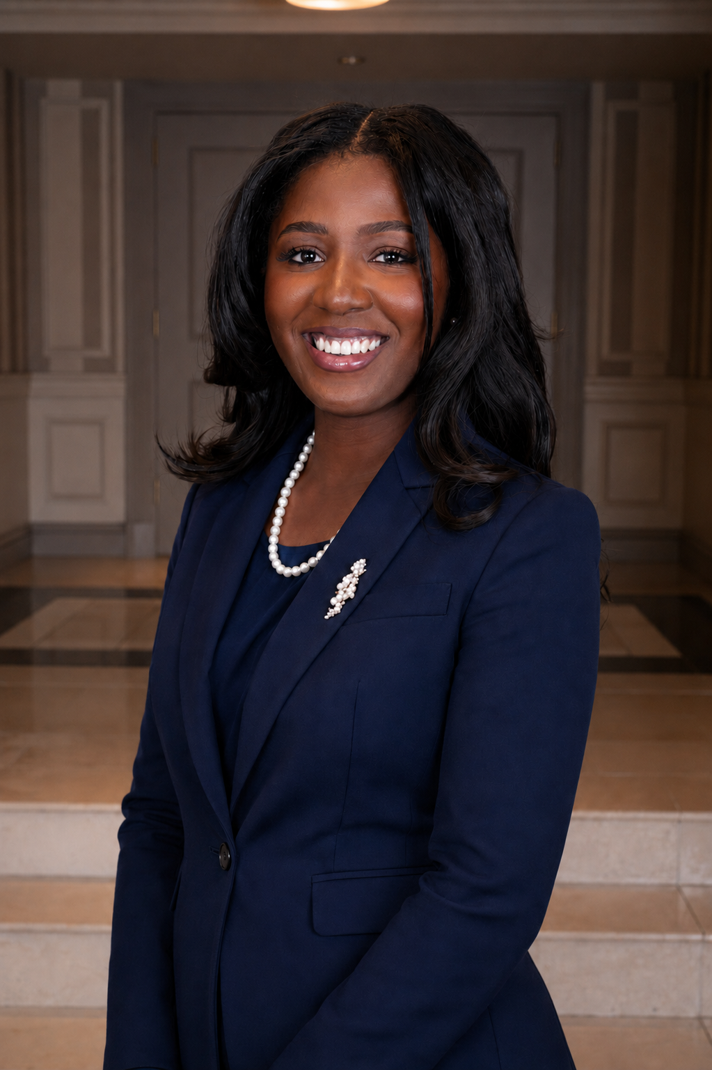 Woman with dark hair and a bright smile, wearing a navy blazer, pearl necklace, and a brooch, standing in front of a formal indoor background.