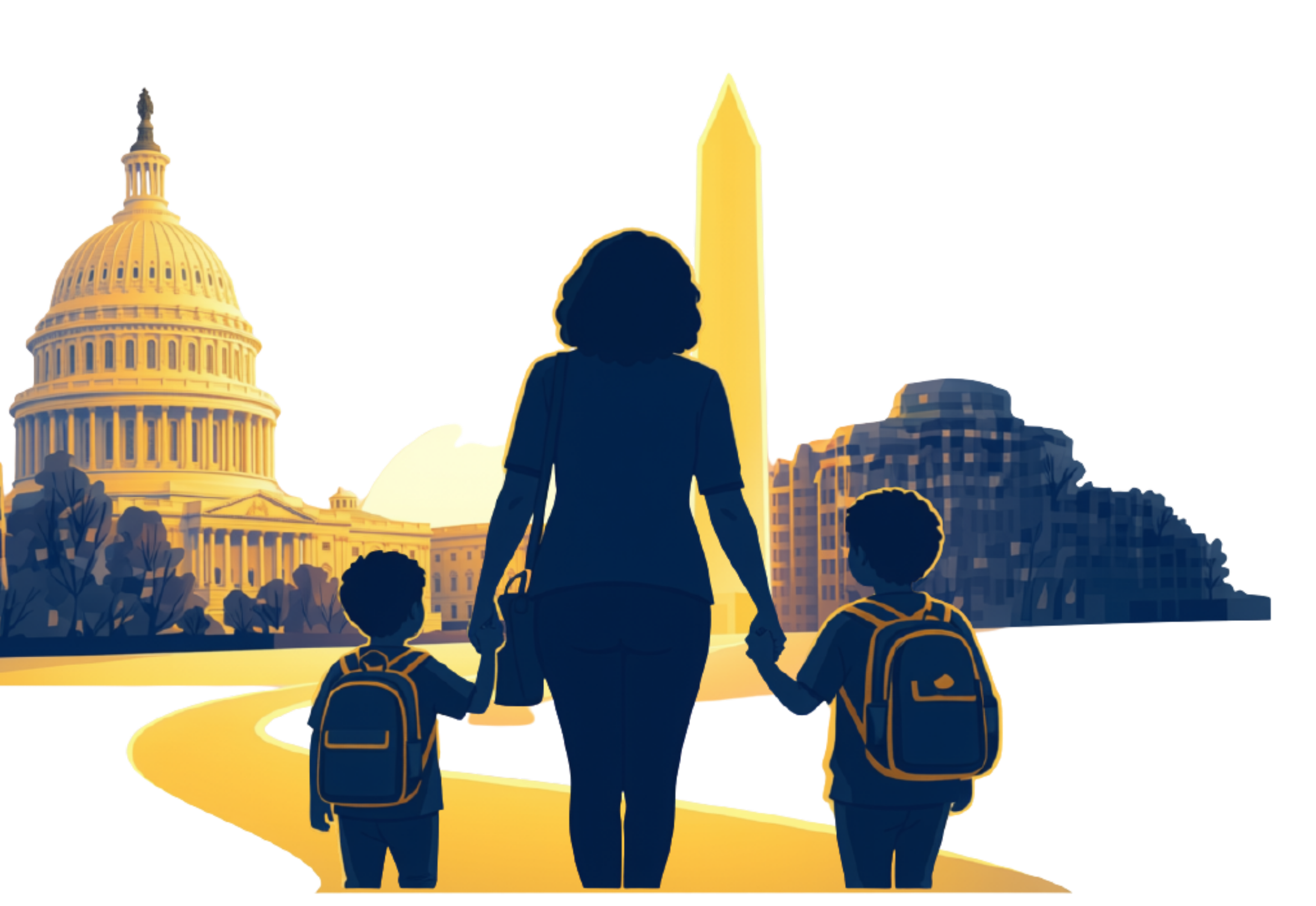 Silhouette of a woman holding hands with three children, walking towards the US Capitol building in the distance. The scene is depicted in shades of blue and yellow.