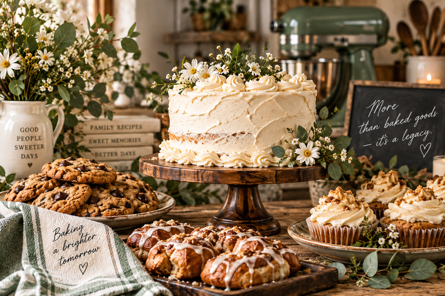 Decorative baked goods including a white frosted cake with daisies, chocolate chip cookies, cinnamon rolls with icing, and cupcakes with white frosting, arranged on rustic wooden tables with greenery, a chalkboard sign, and kitchen utensils in the background.
