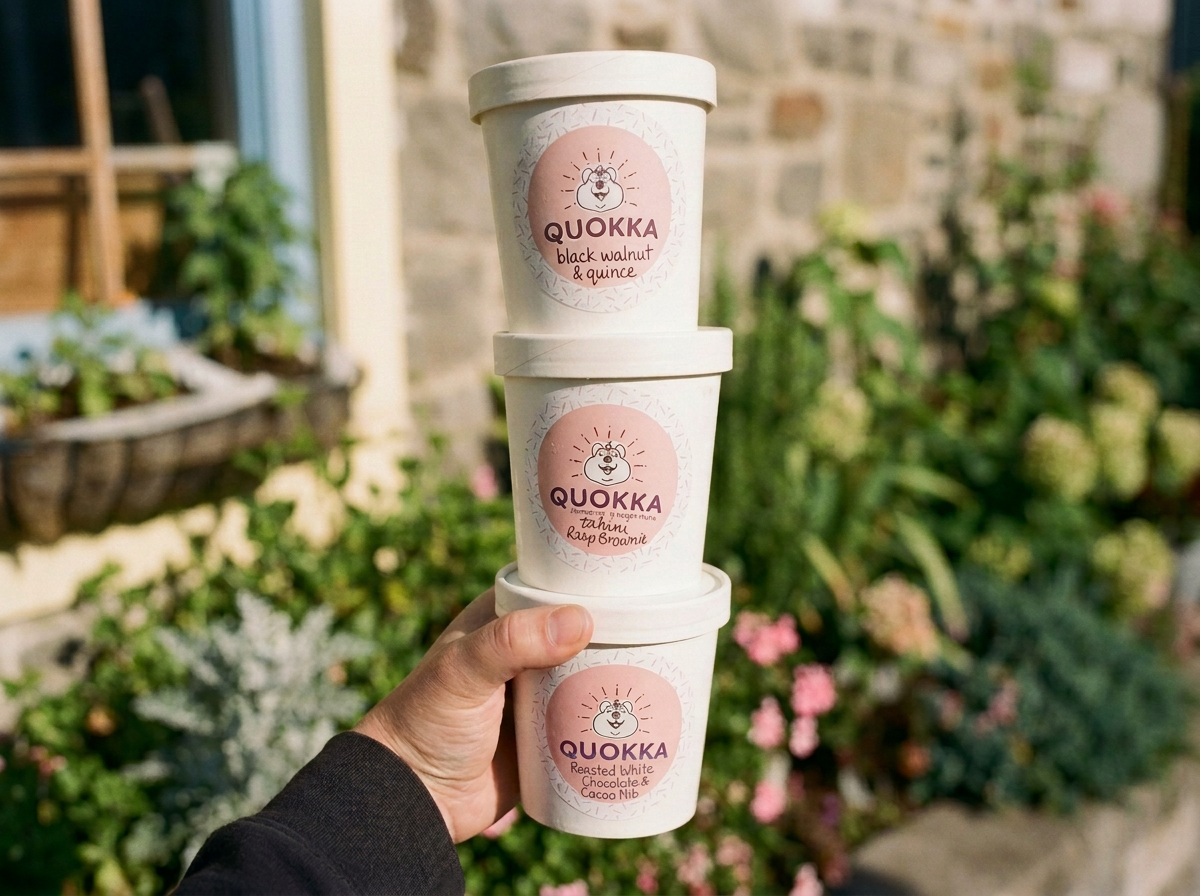 A person holding three cups of QUOKKA ice cream or frozen yogurt outdoors with a garden background.