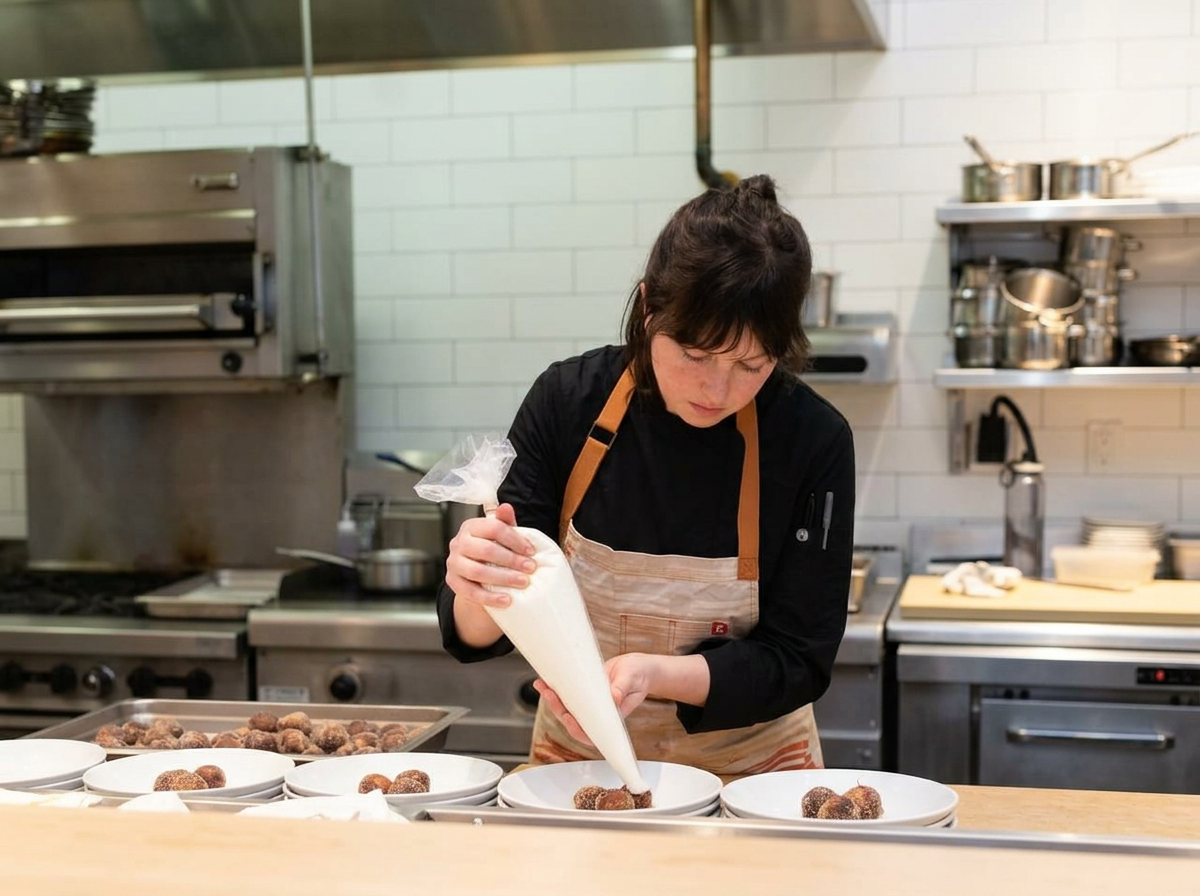 A female chef decorates food on plates in a commercial kitchen.