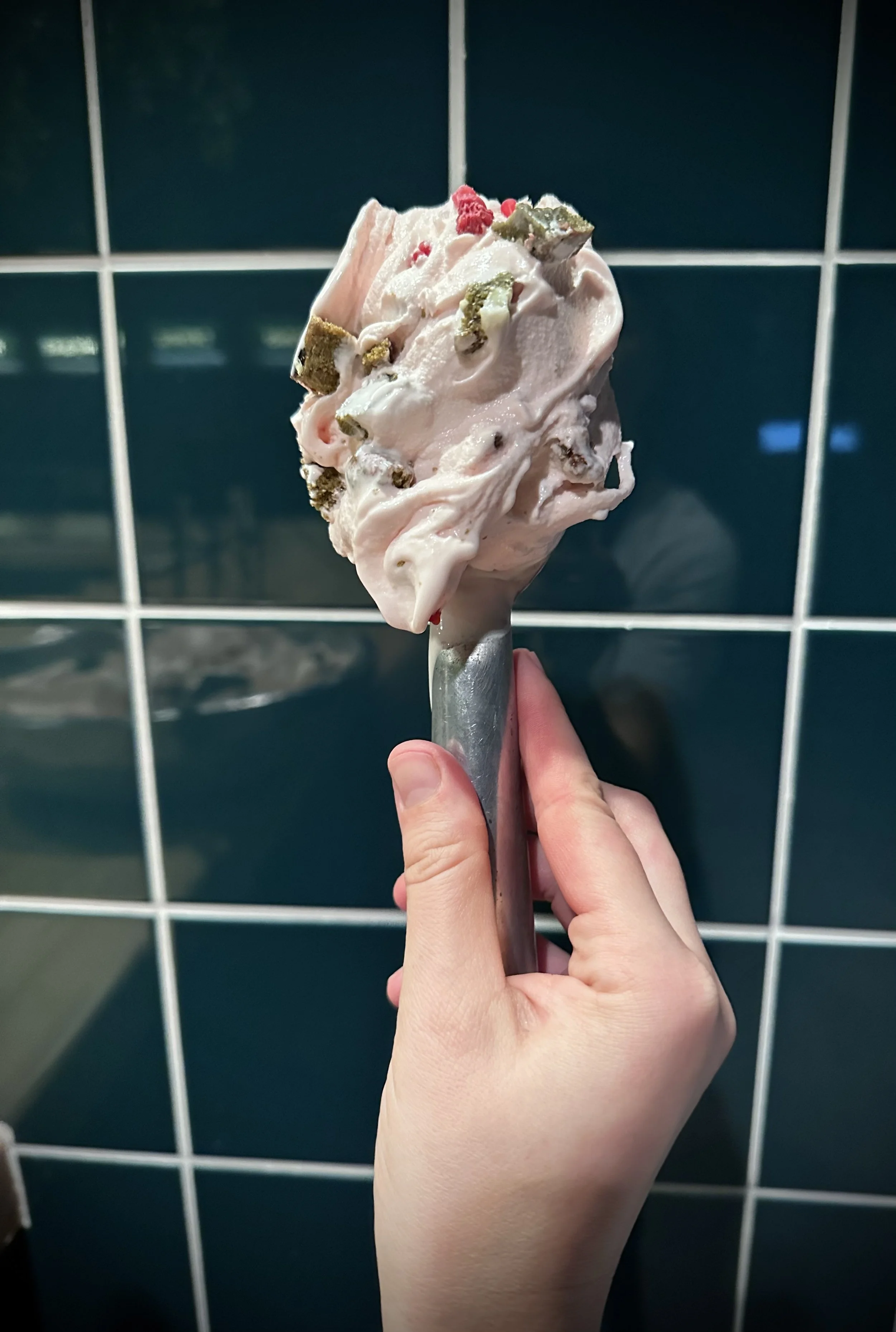 cherry blossom ice cream with matcha, white chocolate and raspberry cookie inclusions
