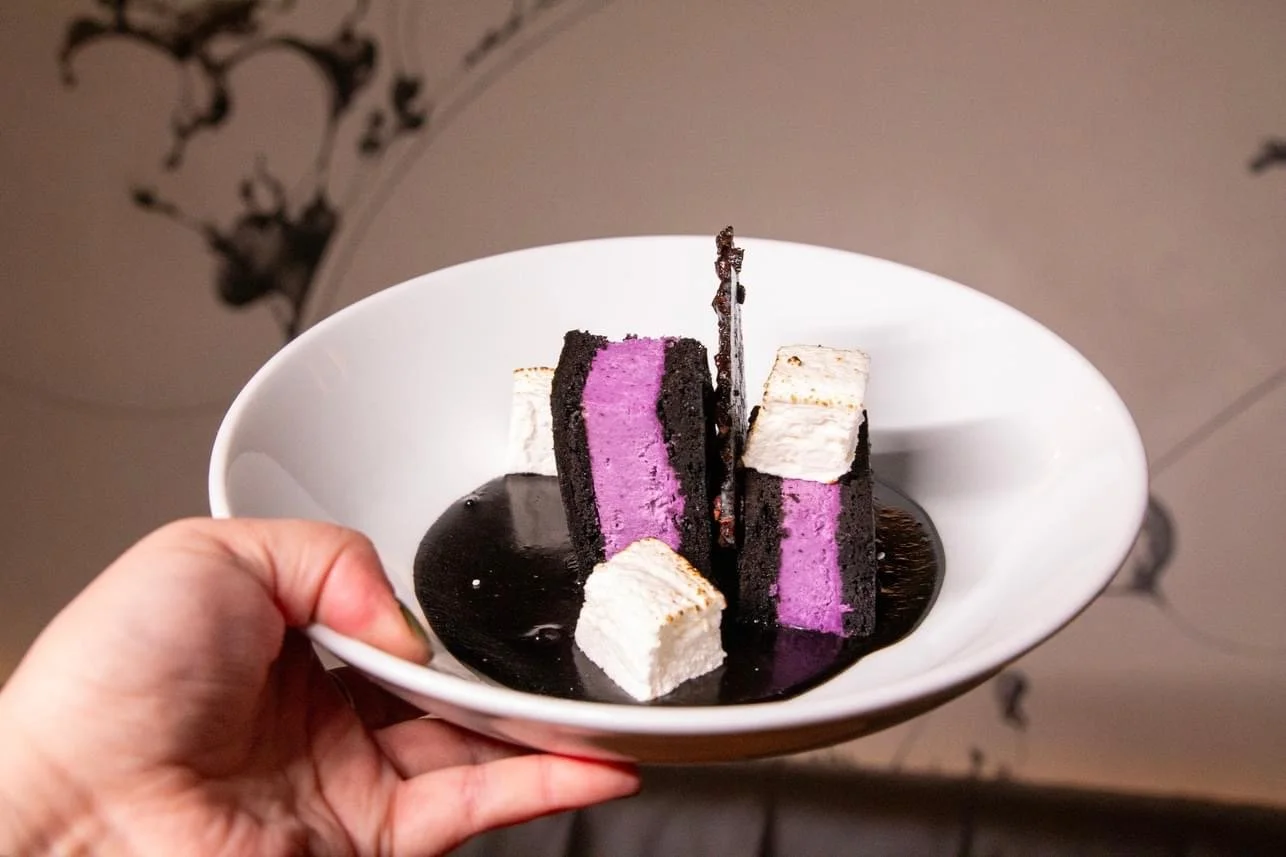 ube black velvet ice cream sandwich (ube ice cream, black cocoa brownie, coconut marshmallow, black sesame/ cocoa sauce & tuile)
