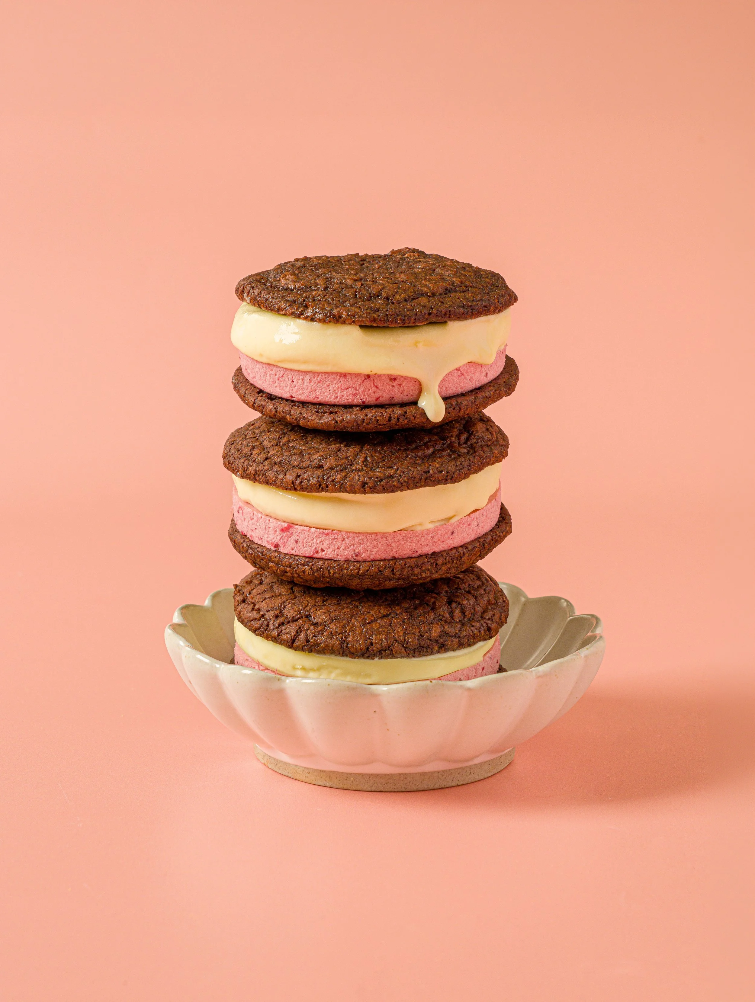 strawberry, malt and chocolate ice cream sandwich