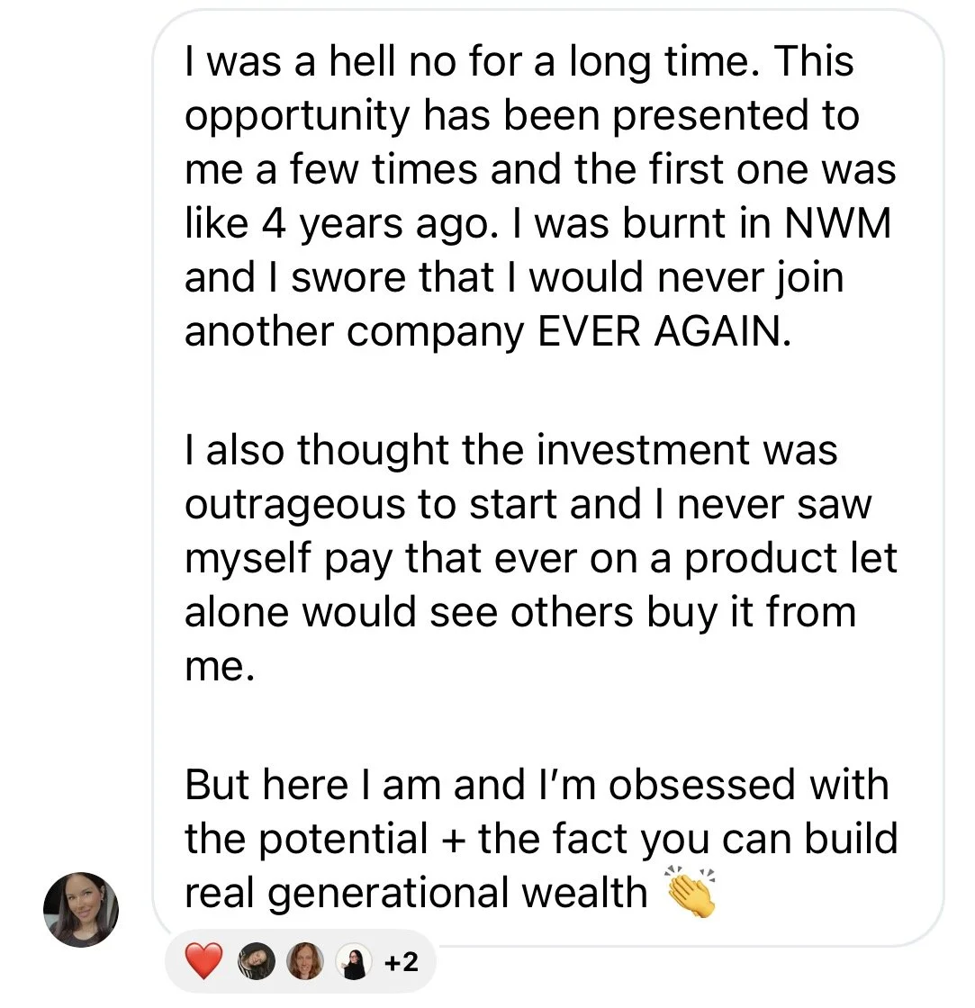 Screenshot of a text message sharing a personal story about experience with a company and investment, emphasizing motivation to build wealth.