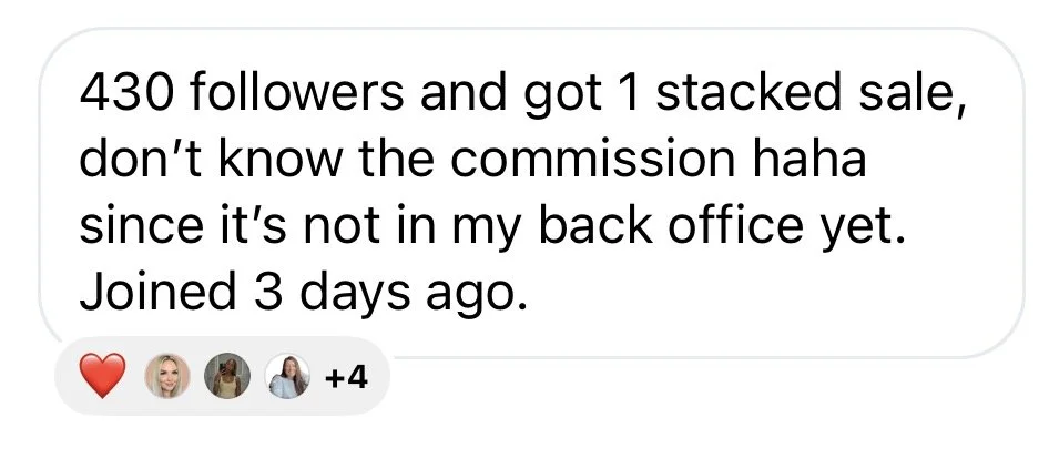 Screenshot of a social media comment expressing excitement about gaining 430 followers and a sale, mentioning the sale is not in their back office yet, and stating they joined three days ago.