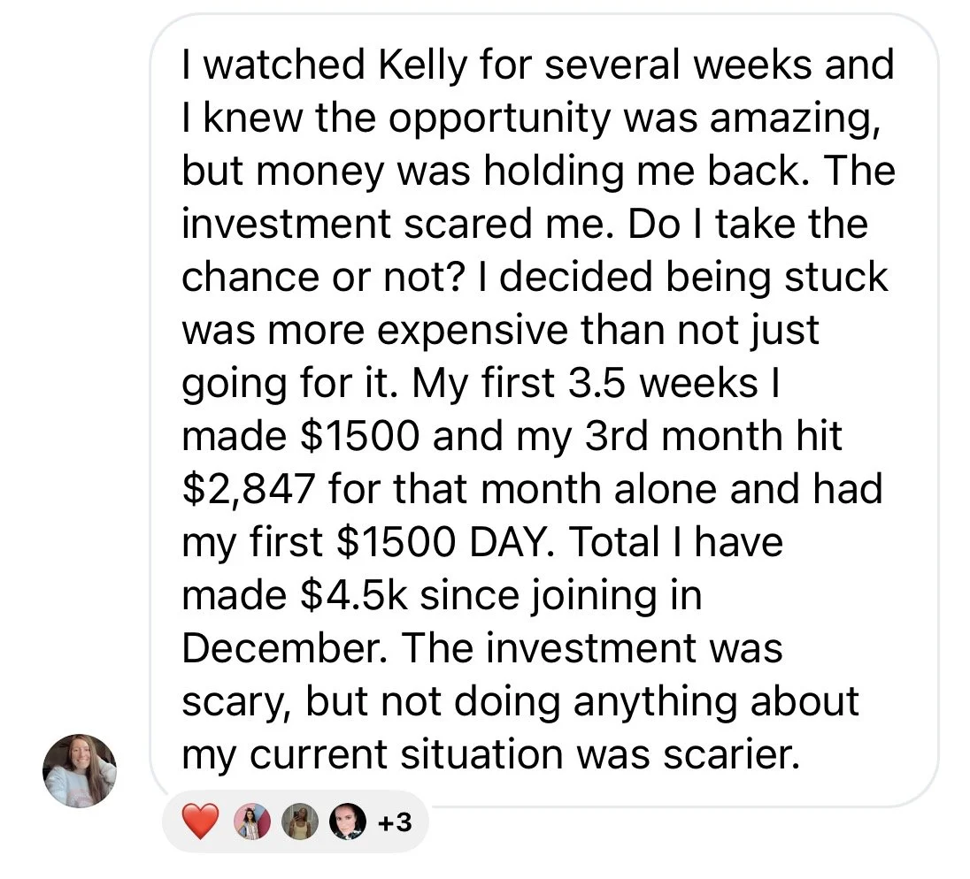 Screenshot of a text message sharing a success story about investing, mentioning earning $4,500 since December and encouraging action despite fear.