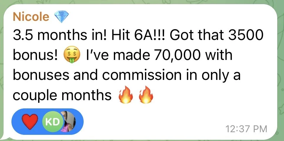 Text message from Nicole celebrating 3.5 months, 3500 bonus points, and earning $70,000 with bonuses and commissions in a few months, with emojis of a diamond, money, fire, and a heart with initials KD.