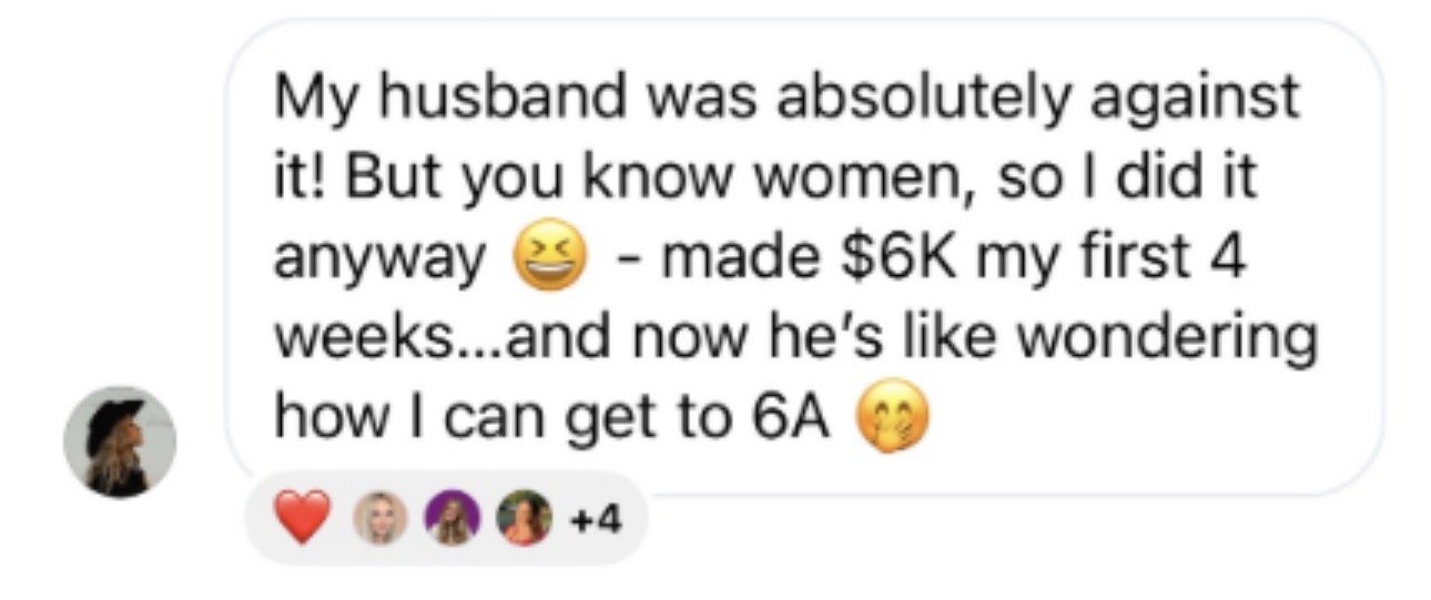 Text message discussing a woman made $6,000 in four weeks by doing something against her husband's wishes and wondering how to reach a larger bra size, 6A.