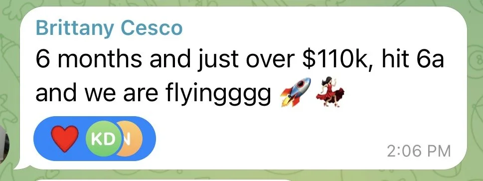 Text message from Brittany Cesc, celebrating six months and earning over $110k, mentioning hitting level 6A, with rocket and horse emojis, and colorful reaction icons at the bottom.