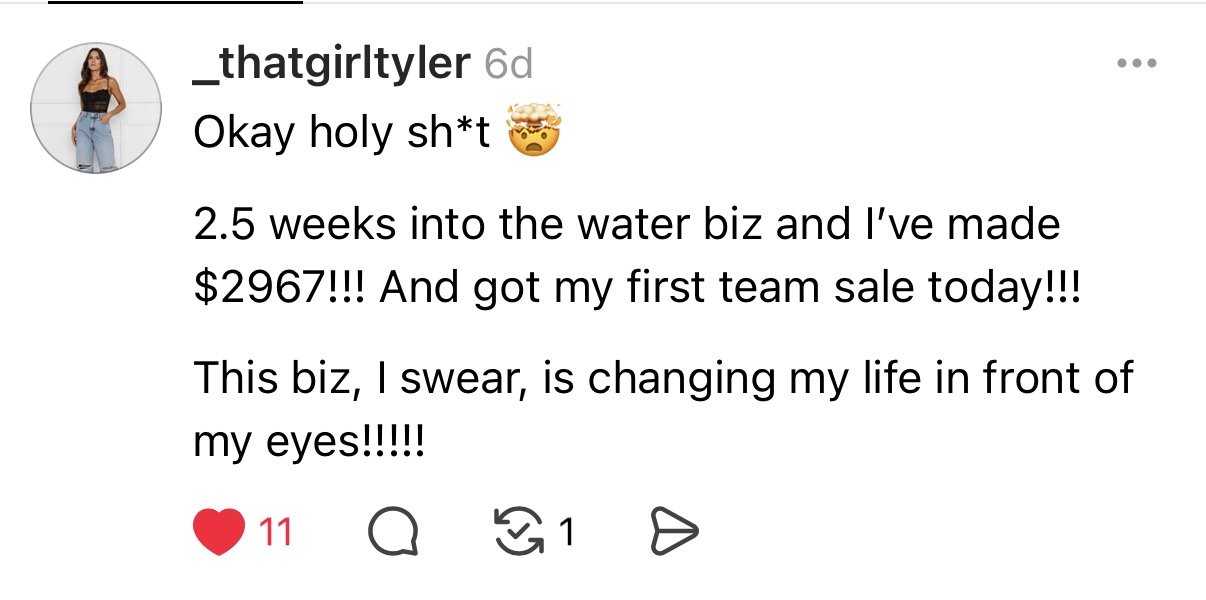 Instagram post by _thatgtylyer showing someone celebrating making $2,967 in 2.5 weeks with their water business and getting their first team sale.