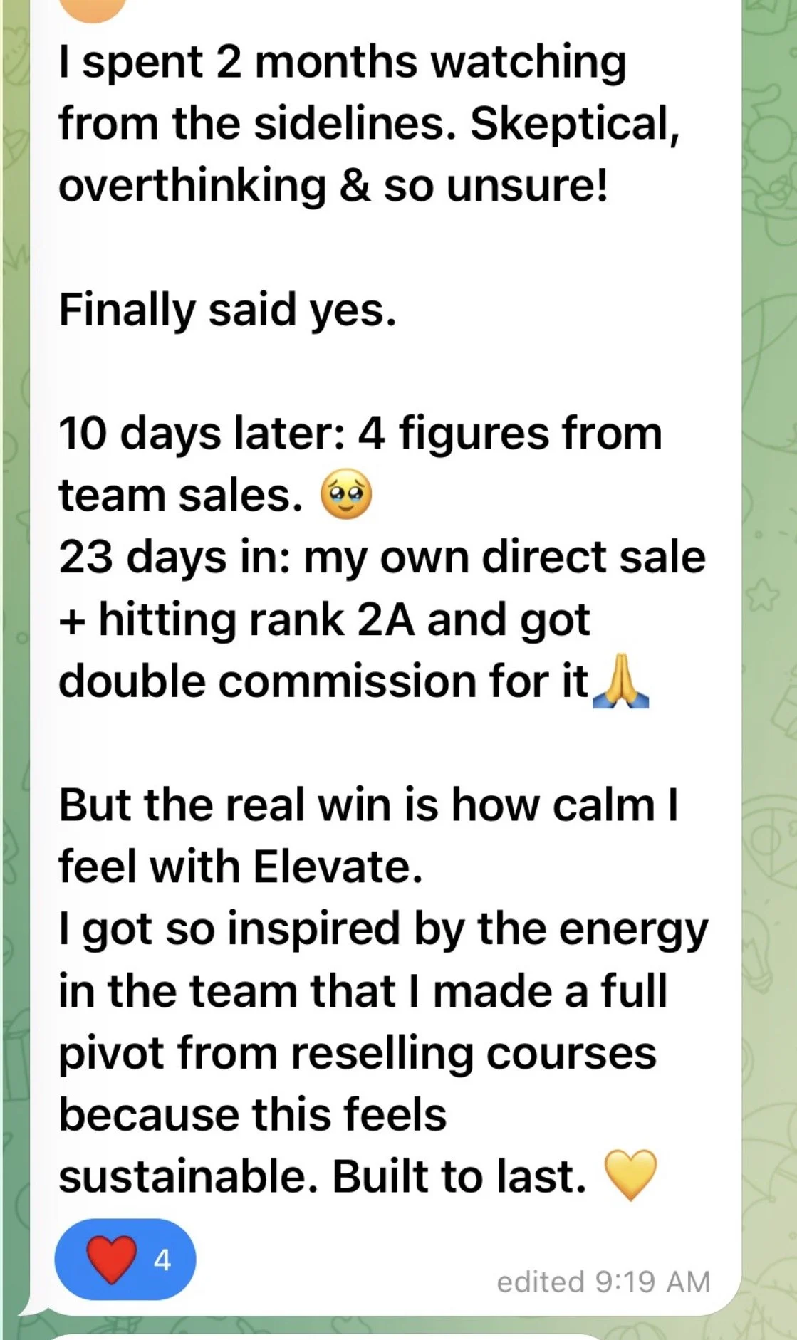 Screenshot of a social media message discussing someone’s experience with sales and confidence from reselling courses, mentioning their sales progress and feeling of calm with Elevate.