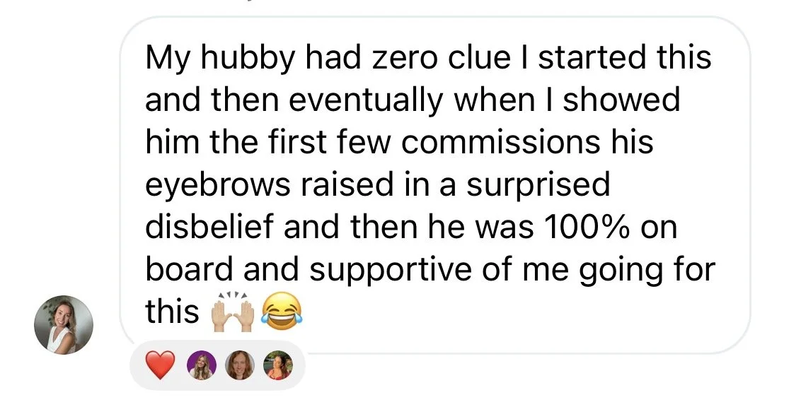 Text message with a woman’s profile picture showing a woman smiling, with text about her husband's support in her eyebrow grooming journey, emojis of a praying hands, laughing face with tears, and reaction icons including a red heart and three women.