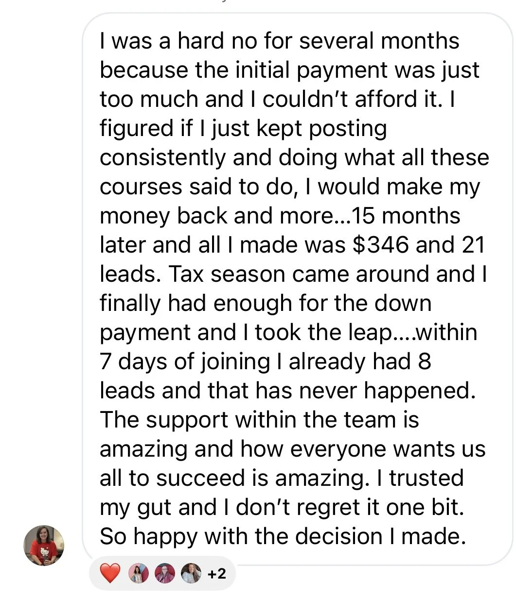 Screenshot of a text message sharing a positive experience with a course, including details about earnings, lead generation, and team support.