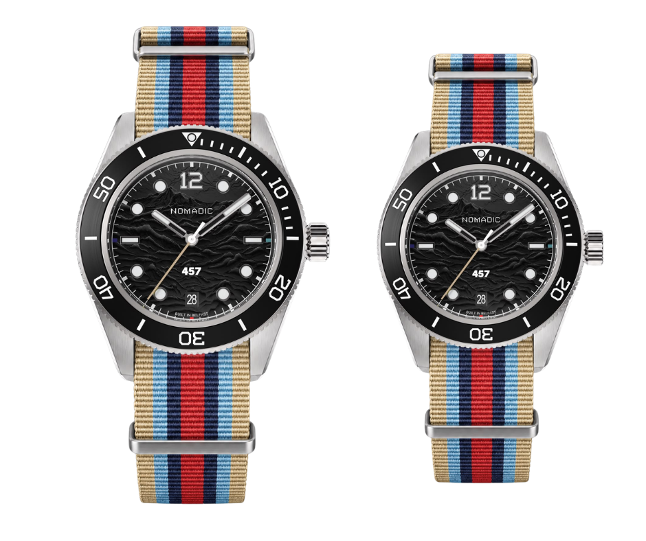 Two Nomadic wristwatches with black dials, wave patterns, and colorful striped NATO straps, placed side by side.