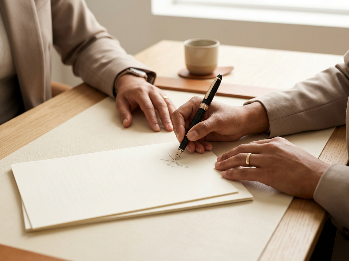 Two people signing a document at a wooden table, with a cup on a cork coaster in the background.