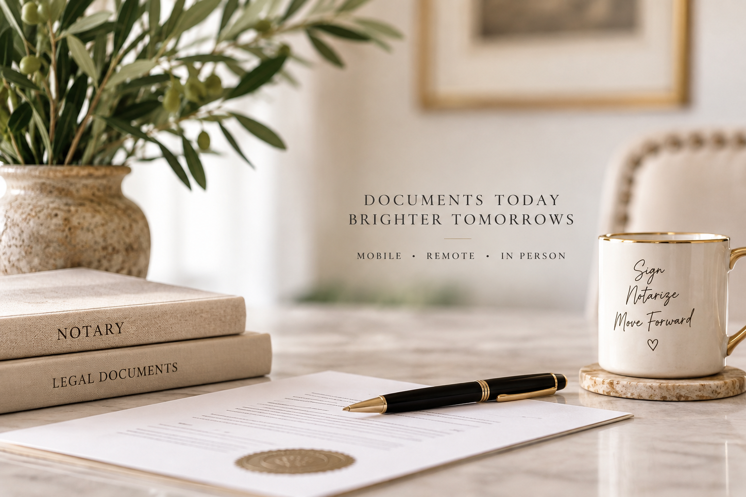 A workspace with a potted plant, stacked legal documents labeled 'Notary' and 'Legal Documents,' a pen, a signed document, and a mug with the words 'Sign, Notarize, Move Forward' on it, all on a light-colored desk.