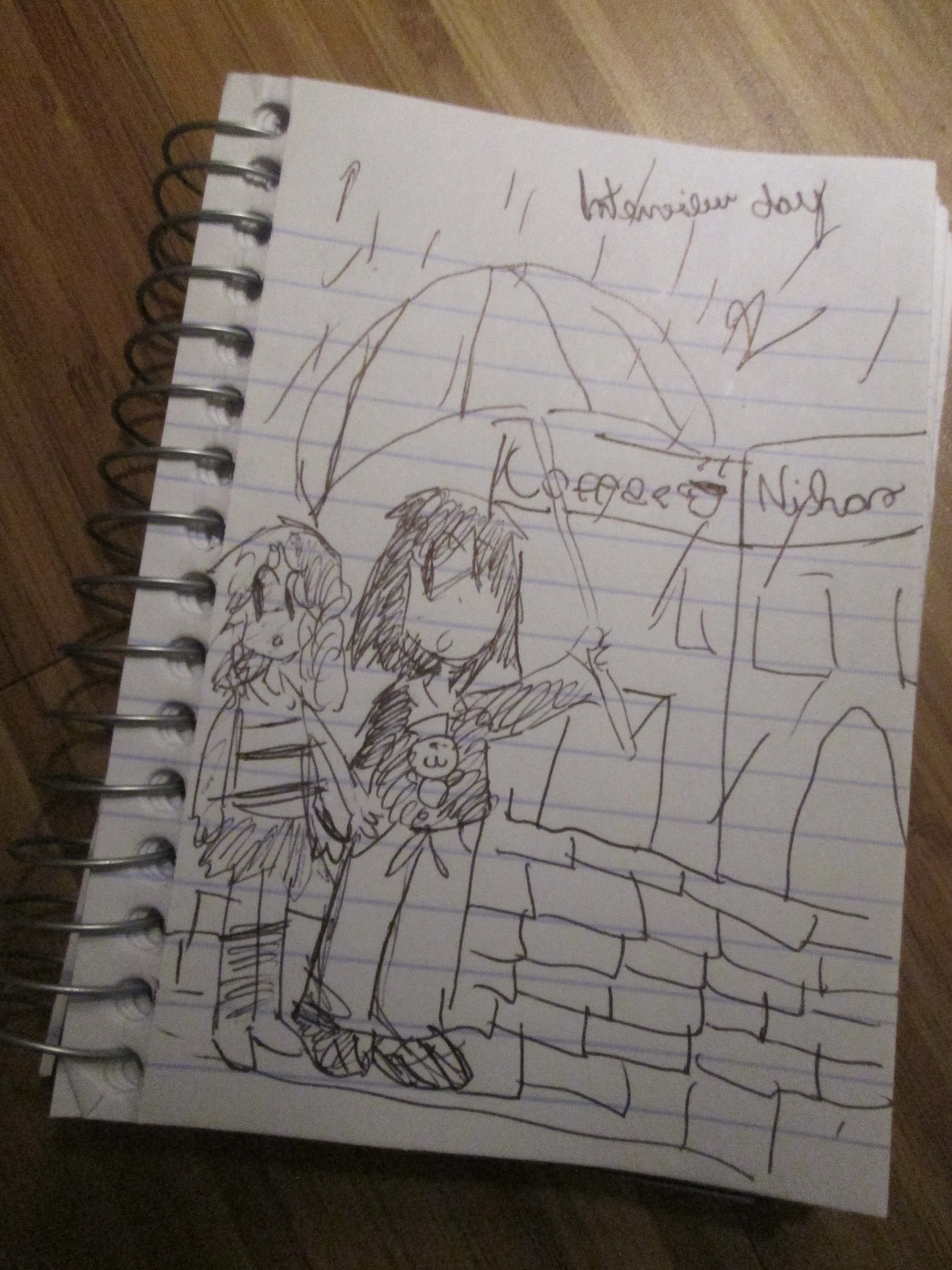 Hand-drawn sketch of a person holding an umbrella, with labels and a small teddy bear nearby.