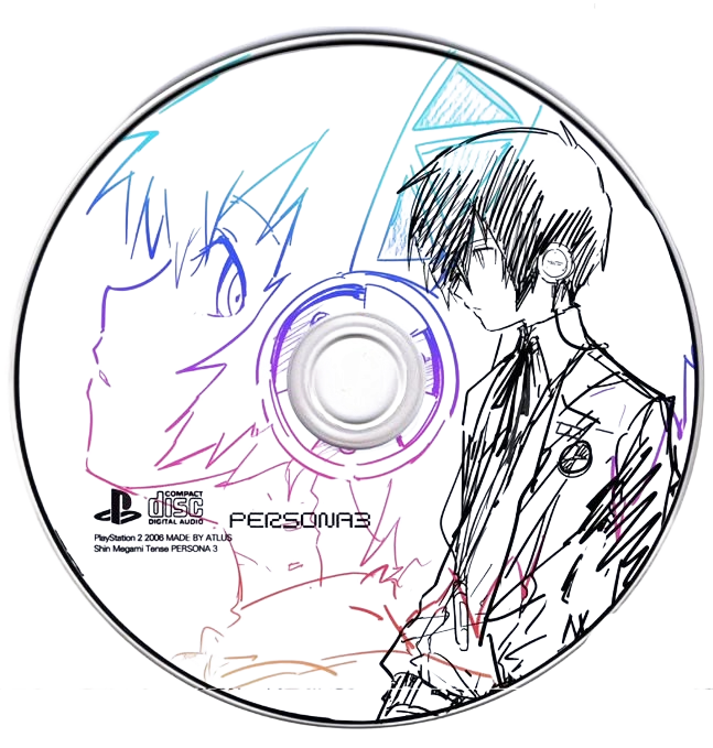 Illustration of two anime-style characters, one with spiky hair and large eyes, the other with straight hair covering one eye, on a Persona 3 game disc with colorful lines and patterns.