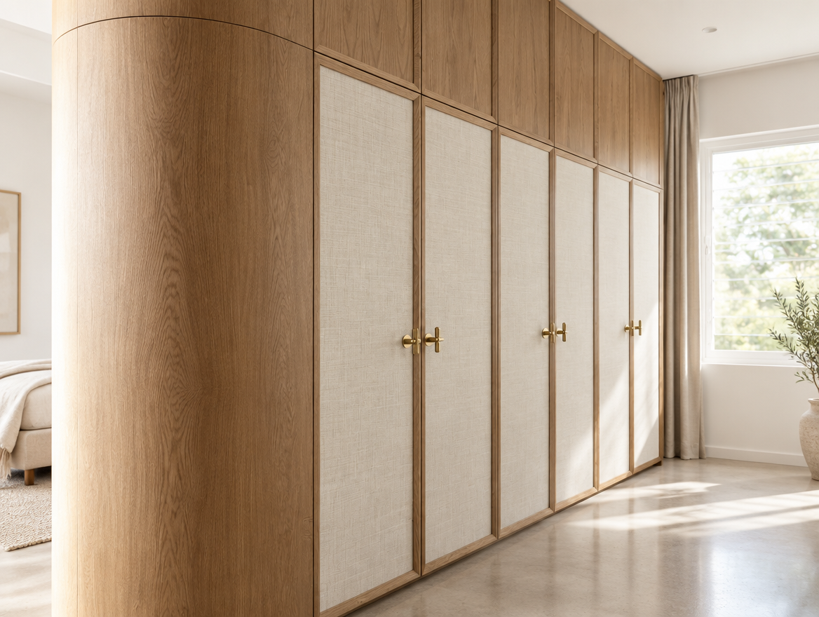 A large wooden wardrobe with beige fabric panels and gold handles in a bright room with a window and curtains.