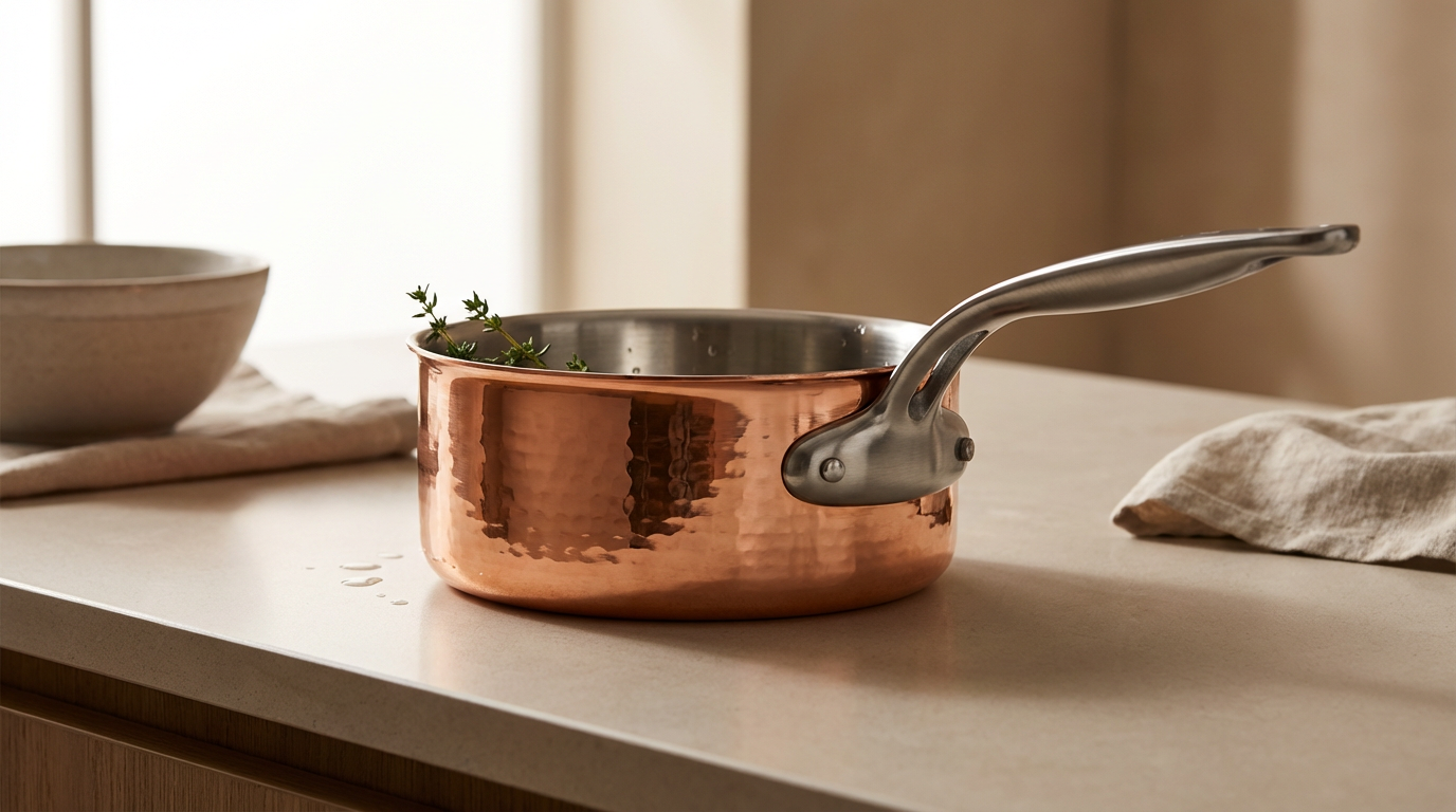 A copper saucepan with a stainless steel handle on a kitchen countertop, with a sprig of fresh thyme inside, and a beige bowl and cloth nearby.