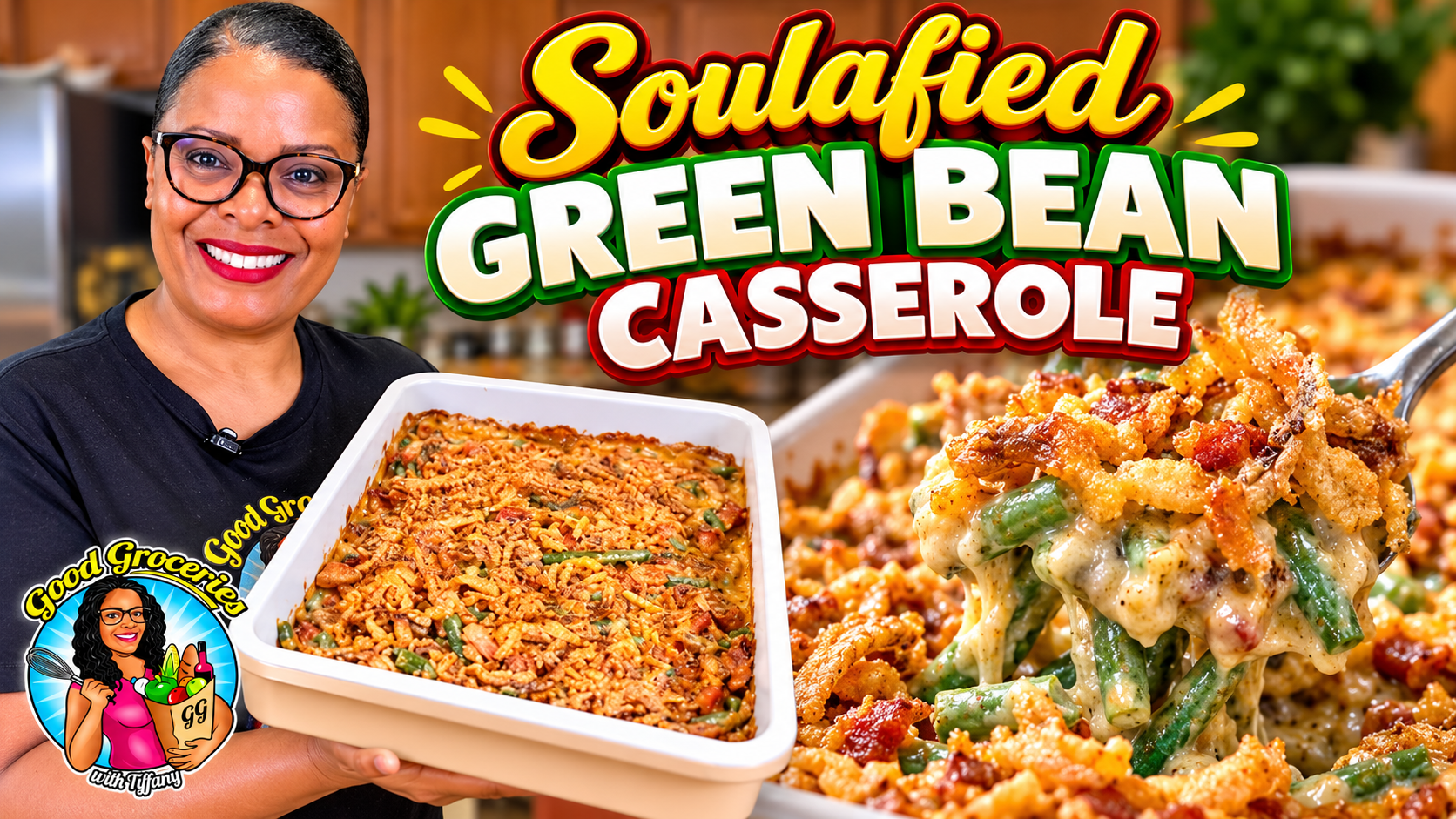 Tiffany holding Soulafied Green Bean Casserole topped with crispy french fried onions, beside a close-up serving.