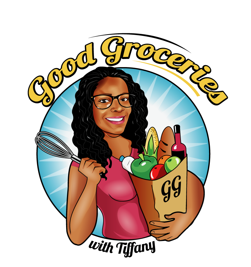 Cartoon woman with glasses smiling holding a paper grocery bag filled with vegetables and a bottle, with a whisk in her other hand, and the words 'Good Grocery GG' above her head.