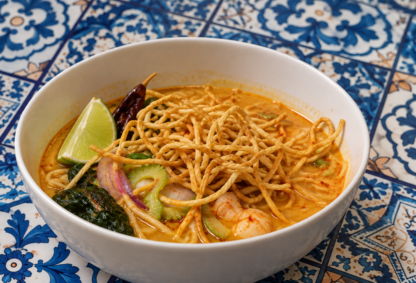 Bowl of Asian noodle soup with lime wedge, shrimp, and vegetables on a patterned blue and white tile surface.