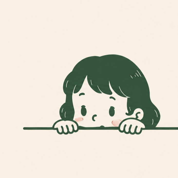 Cute cartoon girl with dark hair peeking over a horizontal line