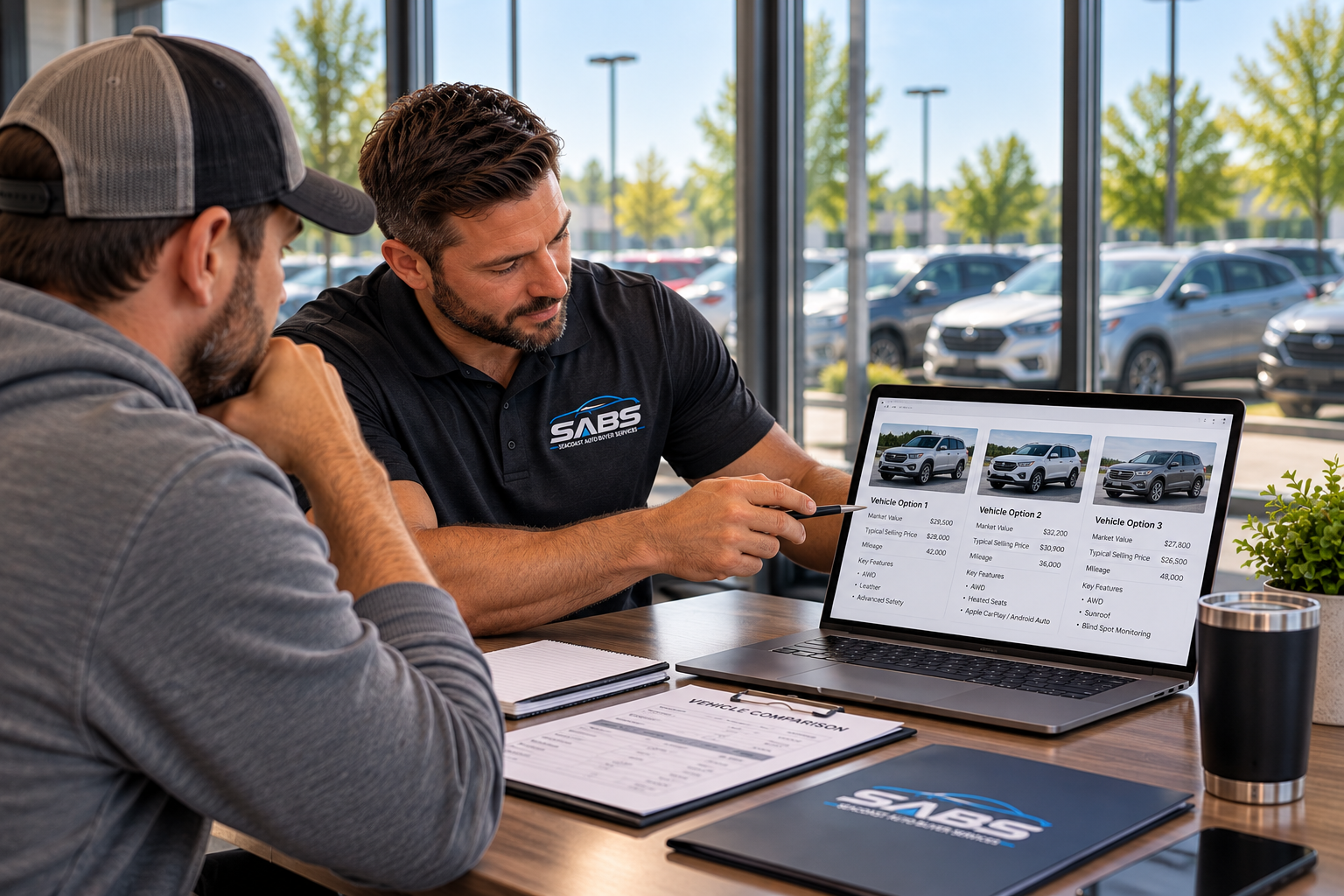 SABS advisor helping a customer compare vehicle options and pricing.