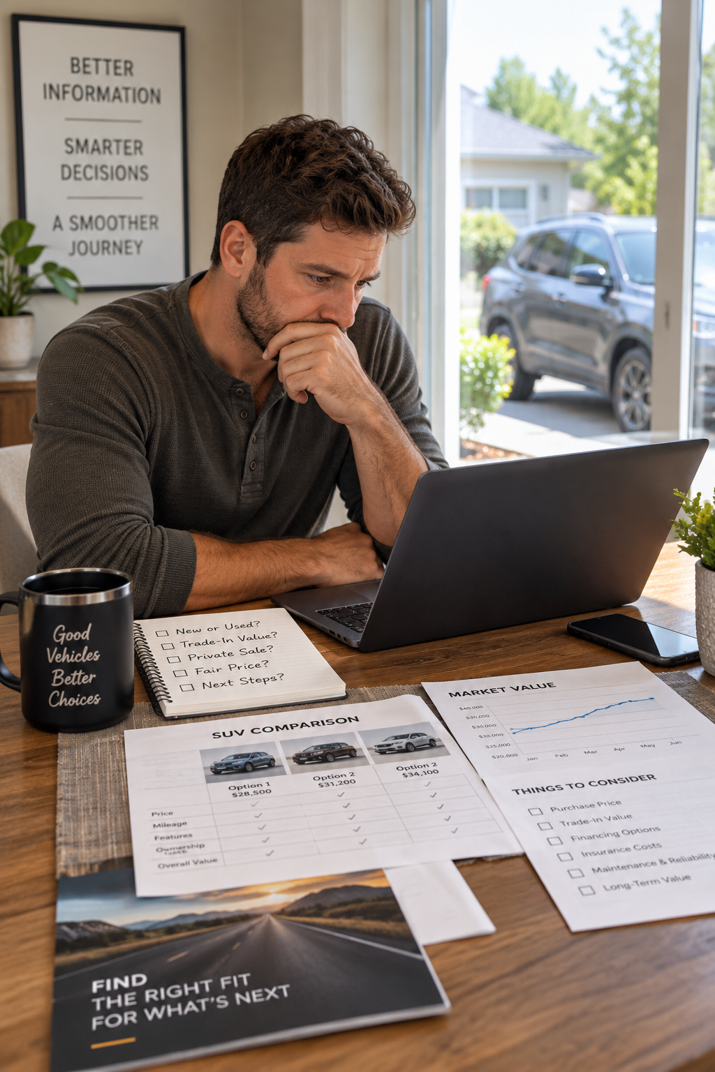 Customer researching vehicle values and buying options with independent automotive guidance.
