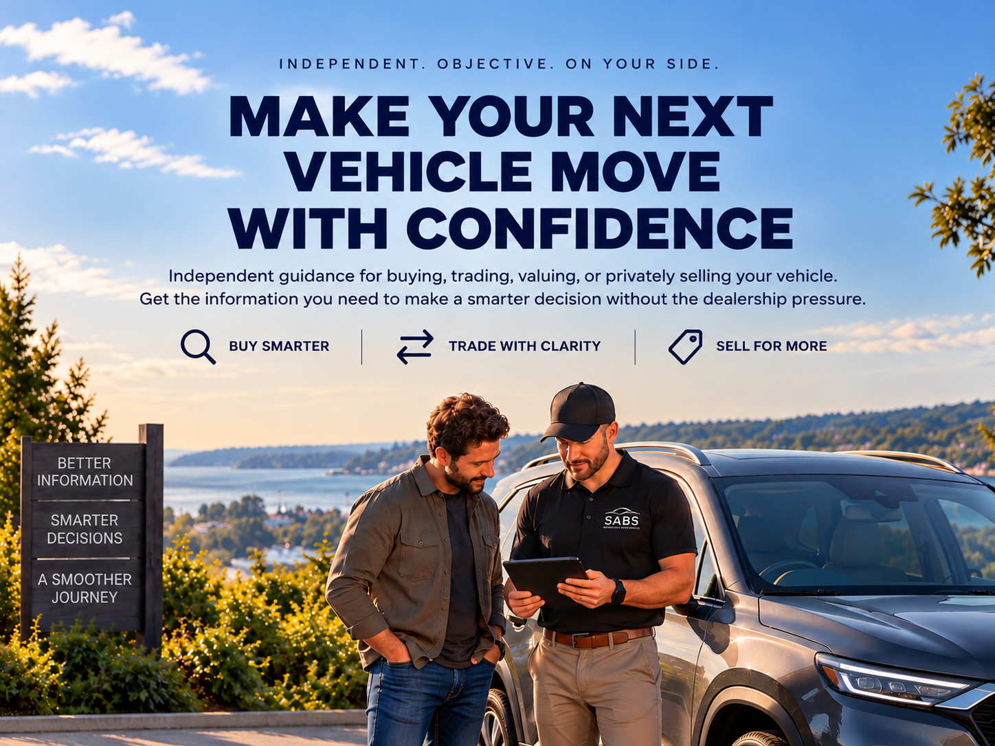 SABS advisor helping a customer understand vehicle buying and trade-in options.