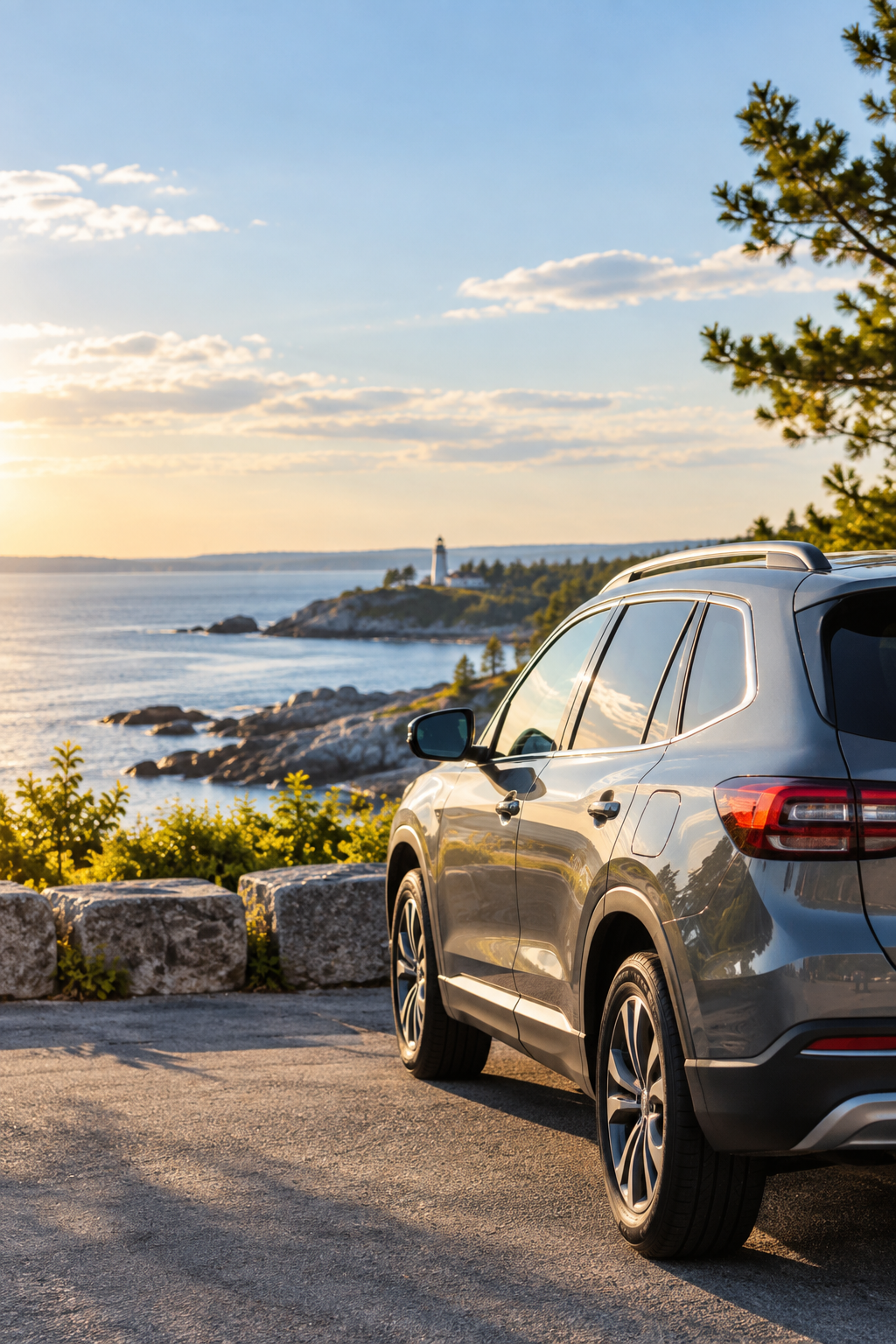 Silver SUV overlooking the coast with a lighthouse in the distance.