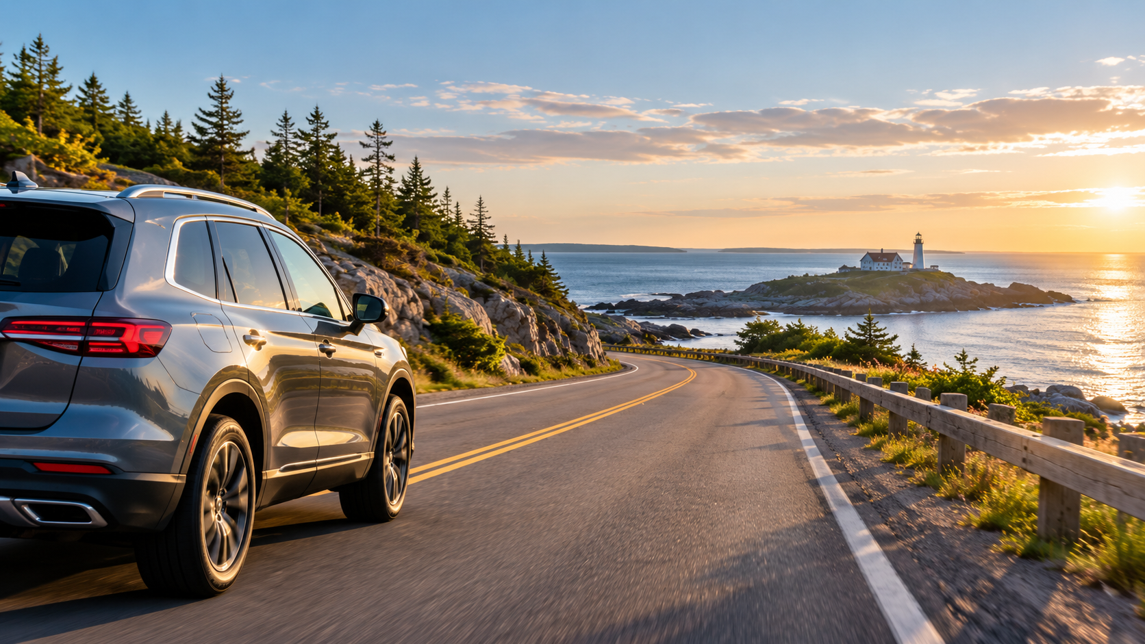 Silver SUV driving along a coastal road with a lighthouse at sunset.