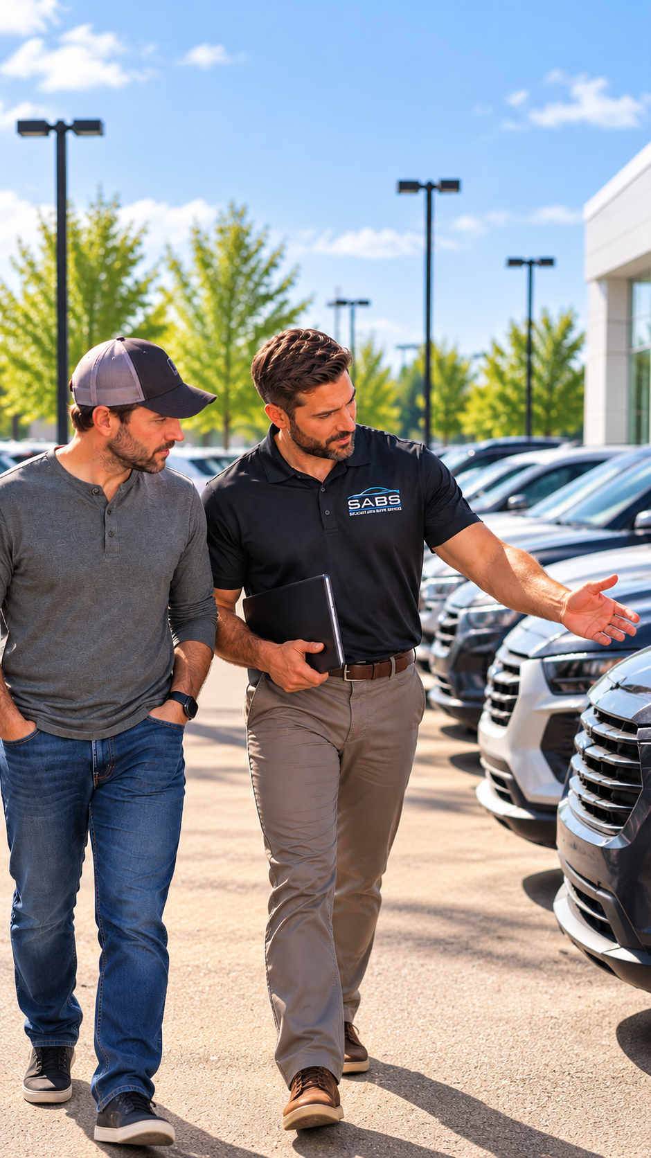 SABS advisor discussing vehicle options with a customer at a dealership.
