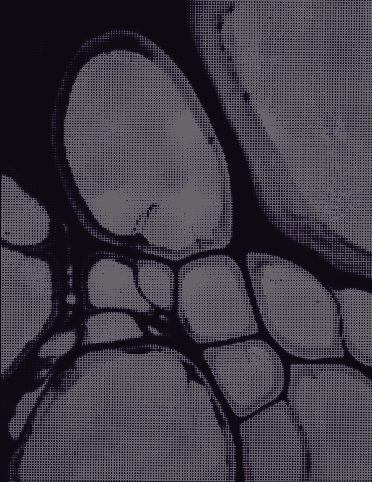 Close-up of cell molecules with circular and geometric shapes described in black and white with a dotted pattern.