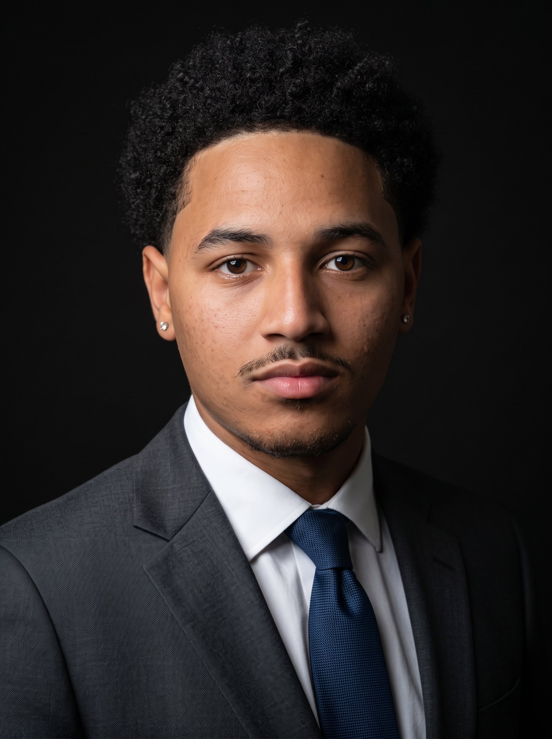 Close-up of a young man in a gray suit, white shirt, and blue tie, with short curly black hair and earrings, against a black background.