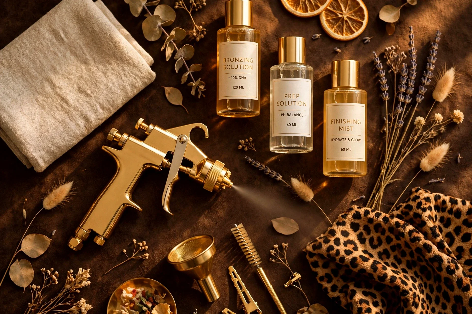 Elegant flat lay of luxury spray tanning essentials — Elevate Sunless, Orem Utah