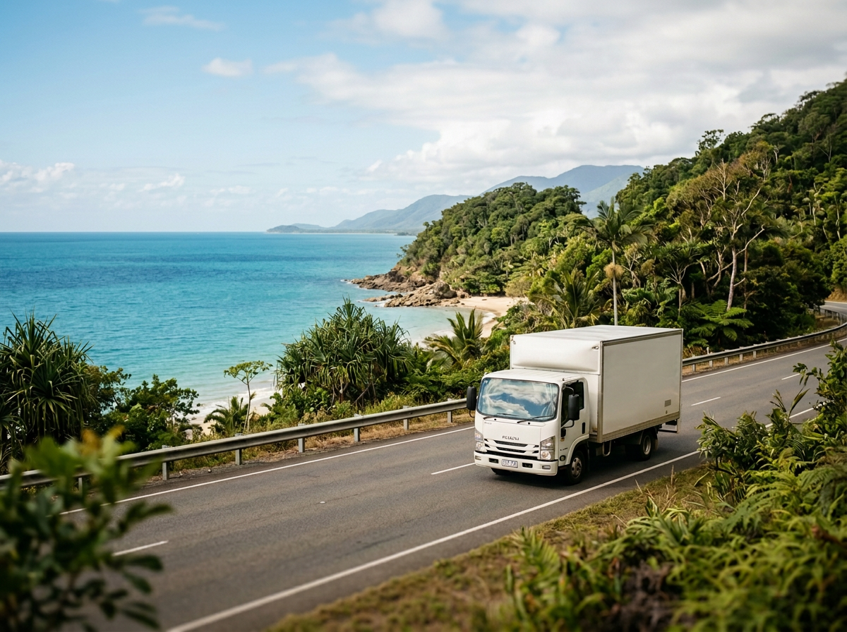A white delivery truck driving along a coastal road with lush green vegetation and a view of the ocean in the background.